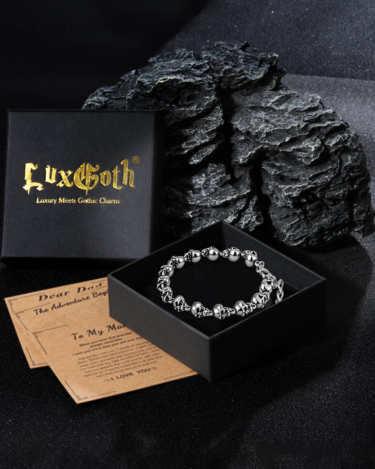 LuxGoth Stainless Steel Skull Head Bead Linked Chain Bracelet Gothic Punk Rock Biker Viking Vintage Link Curb Bracelet Jewelry for Men Silver GTS-B1B45077