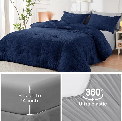 HYMOKEGE Queen Comforter Set - Navy Blue & Light Grey Seersucker - 7-Piece All-Season Luxury Bedding Set