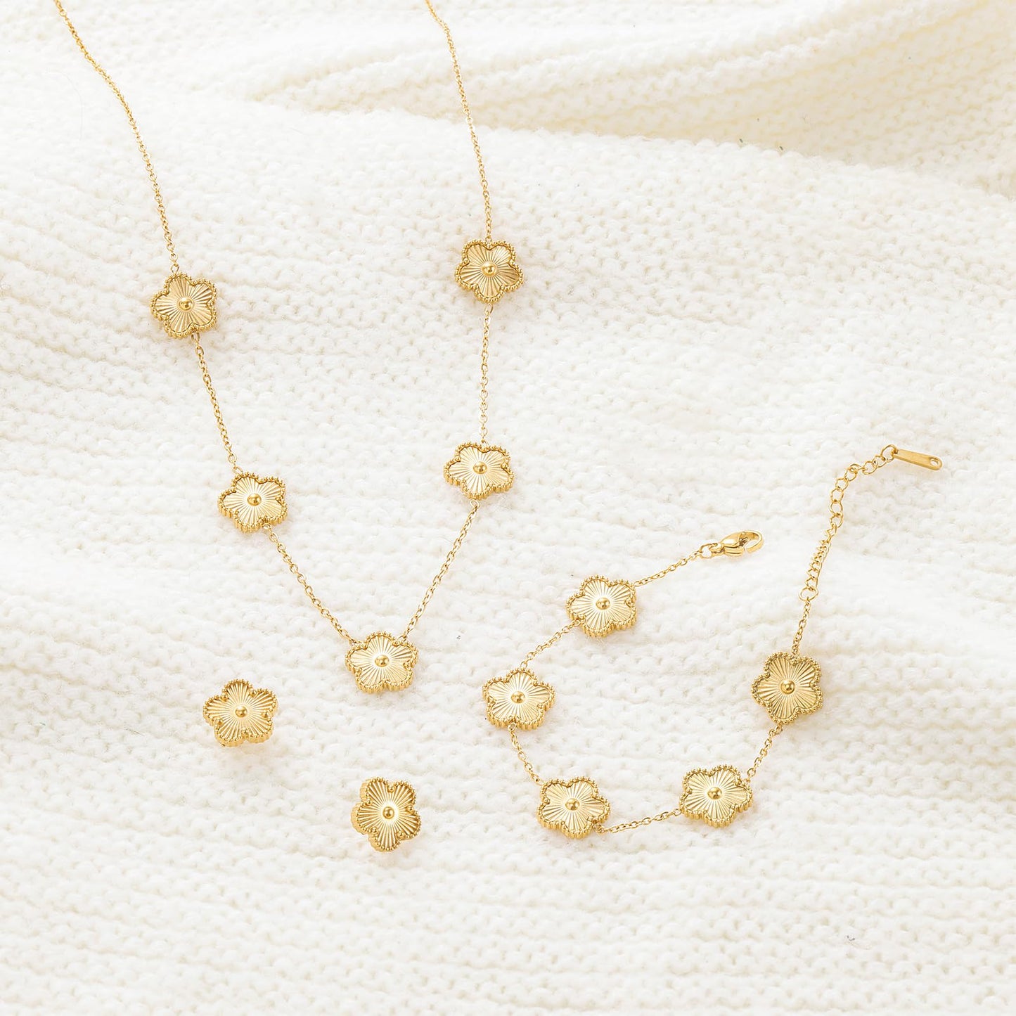 Qinpan Five Leaf Clover Necklace Bracelet and Stud Earrings Set for Women Lucky Flower Jewelry (Gold-14K Gold Plated)