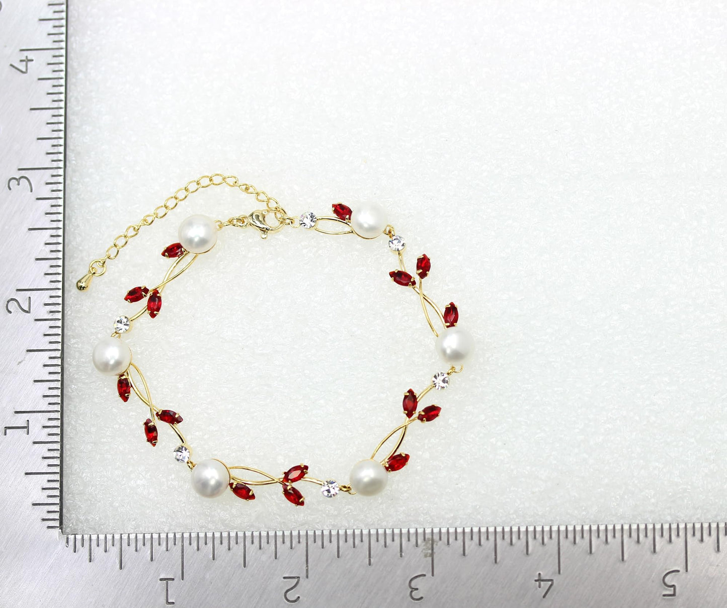 Faship Red CZ Crystal Genuine Freshwater Pearls Floral Bracelet 7.5" - 9.5" - Red/Gold Plated/Matching Bracelet