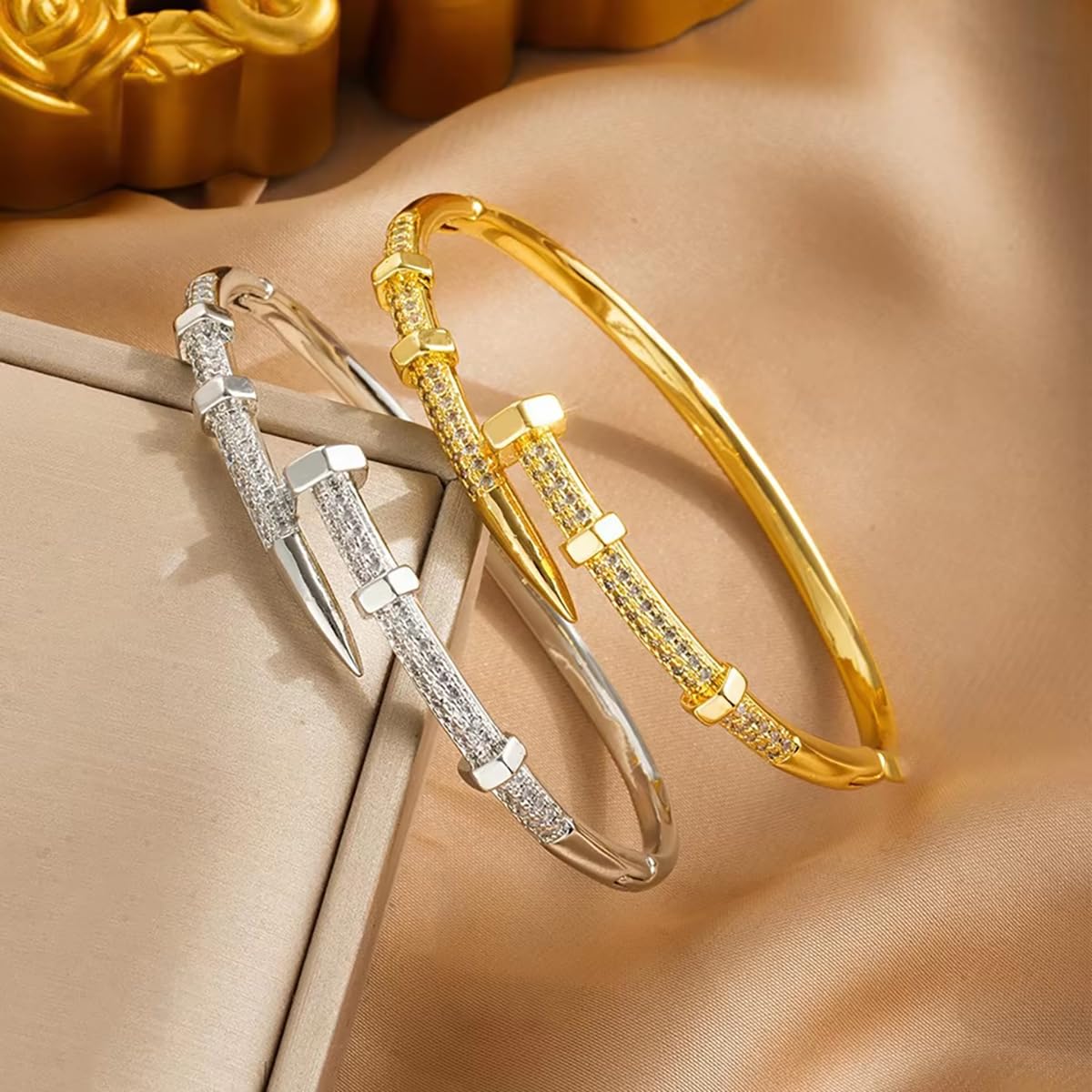 NMAVXKLI Nail Bangle Bracelet for Women 18K Gold Plated Cubic Zirconia Stones Titanium Steel Bracelet Jewelry Valentines Christmas Gifts (Silver)