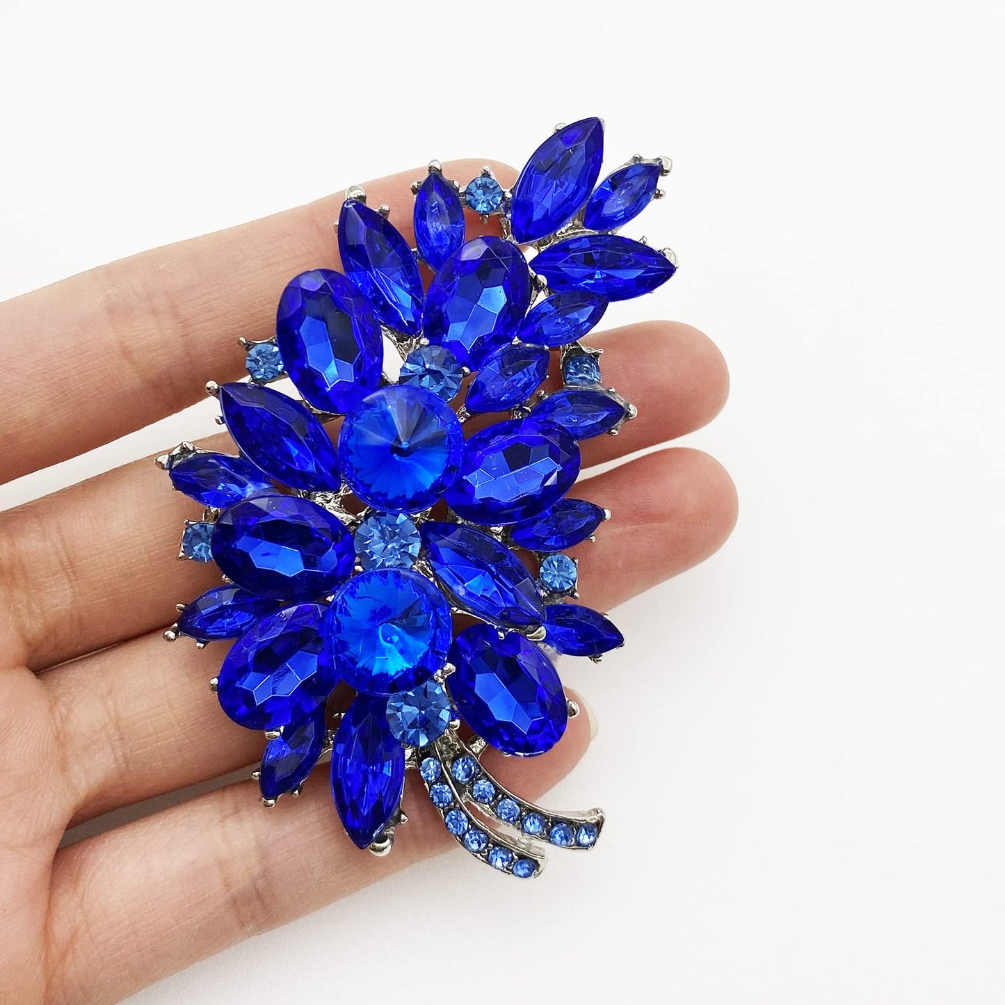 LAXPICOL Vintage Blue Austrian Crystal Flower Leaf Bouquet Clusters Large Big Brooch Pin For Women Jewerly