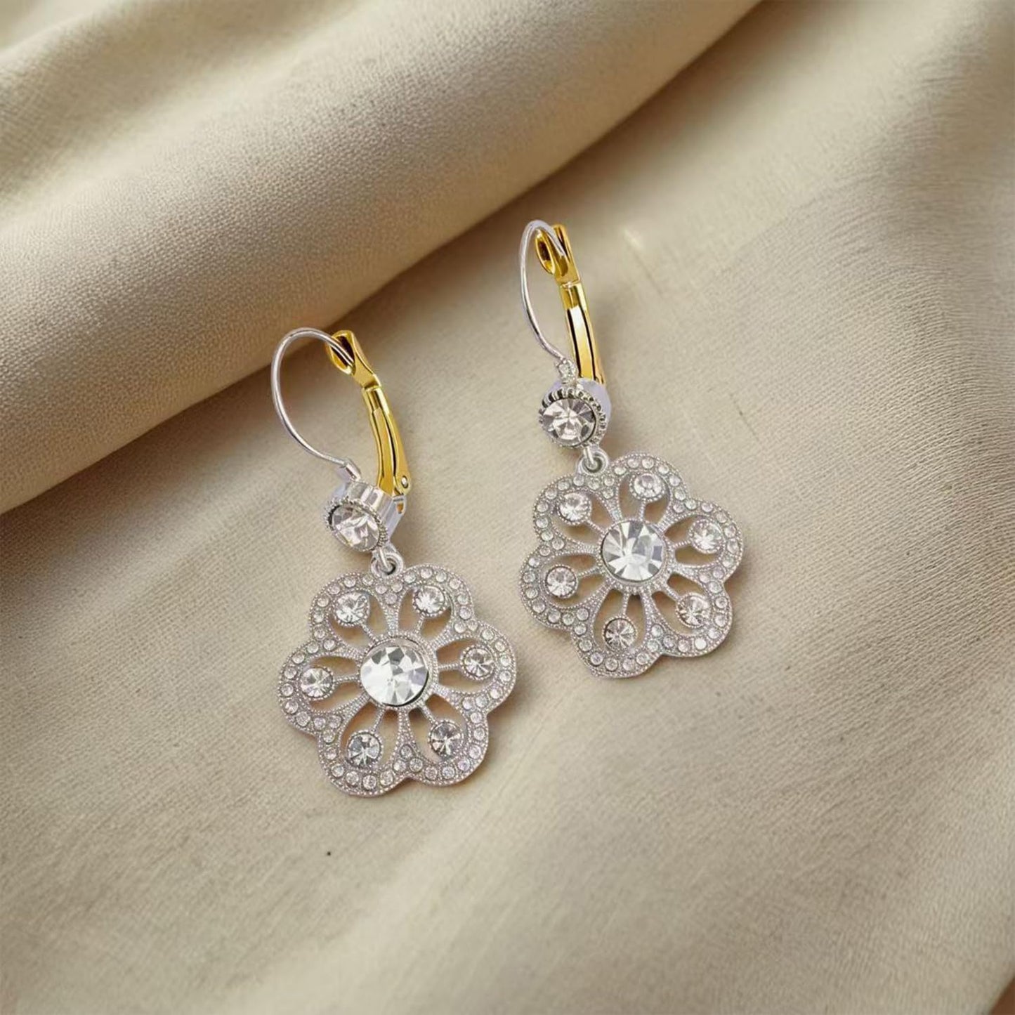 JNONL Vintage Silver Sparkly Crystal Camellia Flower Leverback Earrings Rhinestone Snowflake Round Dangle Drop Earrings for Women (Silver 5)