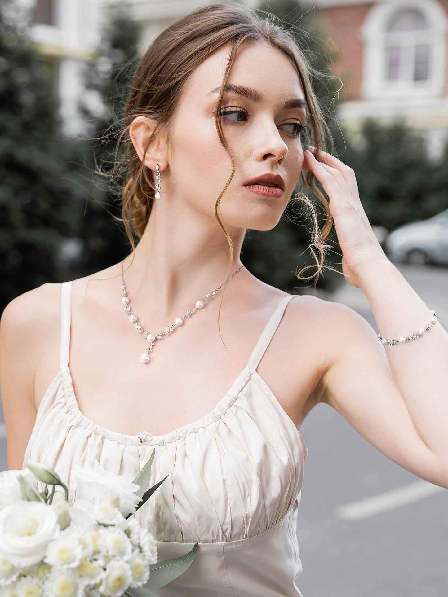 SWEETV Wedding Jewelry Set for Bride Women, Silver Cubic Zirconia Pearl Bridal Earrings Necklace Bracelet Set, Bridal Jewelry Set for Wedding Prom