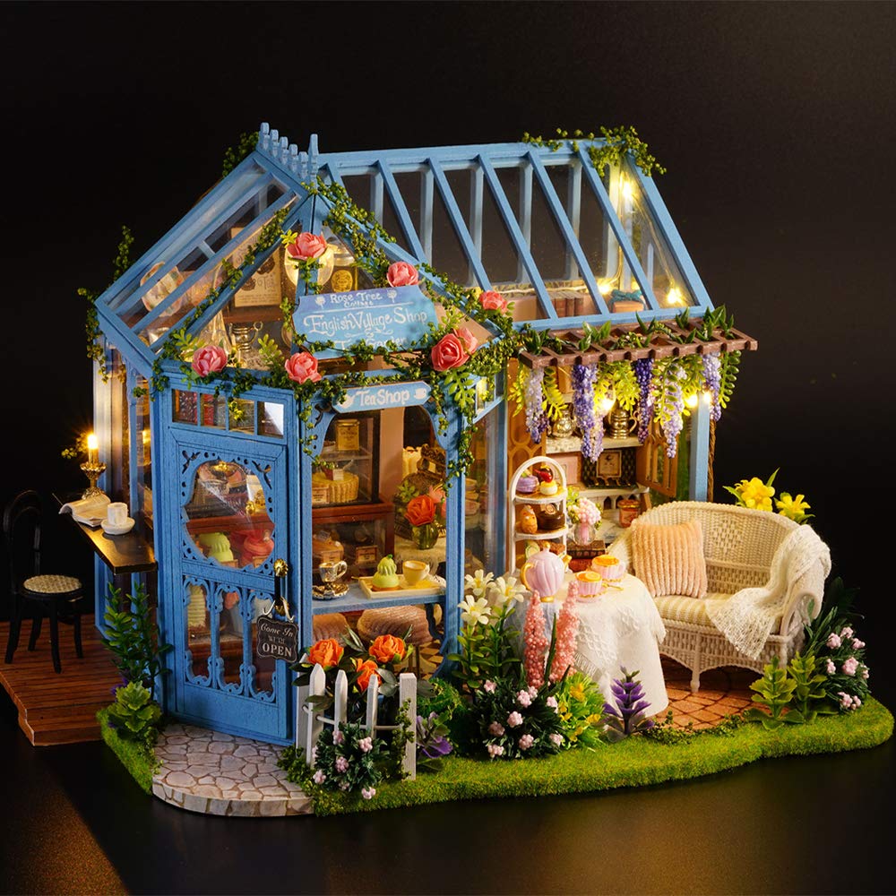 TuKIIE DIY Miniature Dollhouse Furniture Kit, 1:24 Scale Creative Room Wooden Doll House Accessories Plus Dust Proof & Music Movement for Kids Teens Adults(Rose Garden Tea House)