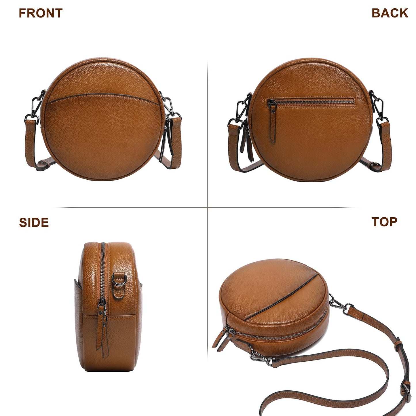 COOLCY Leather Crossbody Bags,Circle Purse Shoulder Bag, Fashion Round Handbag for Travel,Valentine's Gift for Women (Sorrel)