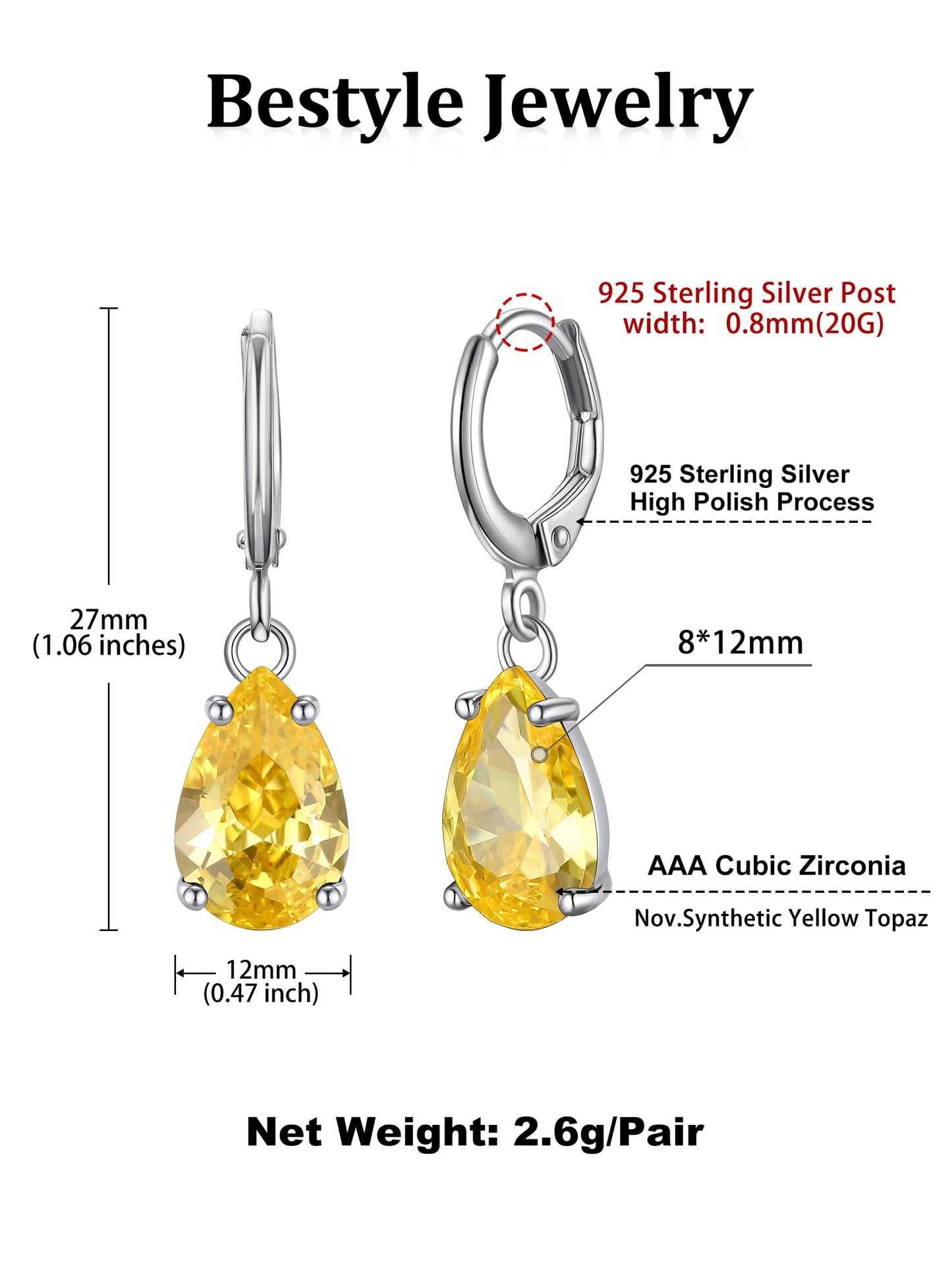 Bestyle Yellow Topaz Drop Earring with Hypoallergneic Silver Huggie Hoops - Shimmer Teardrop Critine Crytsal November Birthstone Dangles Sterling Silver Earring for Women