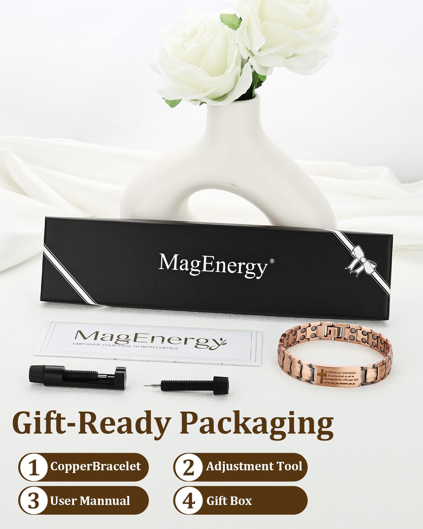 MagEnergy Copper Bracelet For Men, Christian Copper Bracelet For Men, Magnetic Bracelet With Ultra Strength Magnets, Adjustable Copper Biblical Cross Bracelet, Jewelry Gift(Sizing Tool)