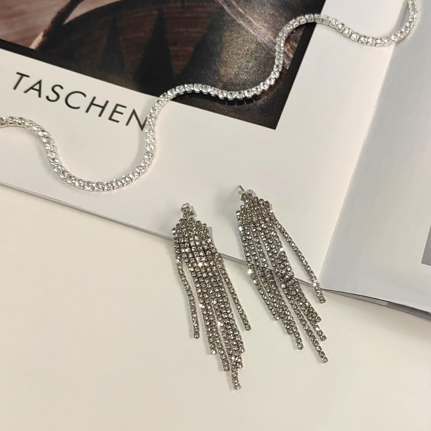 LULII Tennis Necklace Set for Women Dainty Sterling Silver Necklace and Earring Sets Rhinestone Dangle Earrings Crystal Bracelets for Women Silver Jewelry Sets for Bride Gift