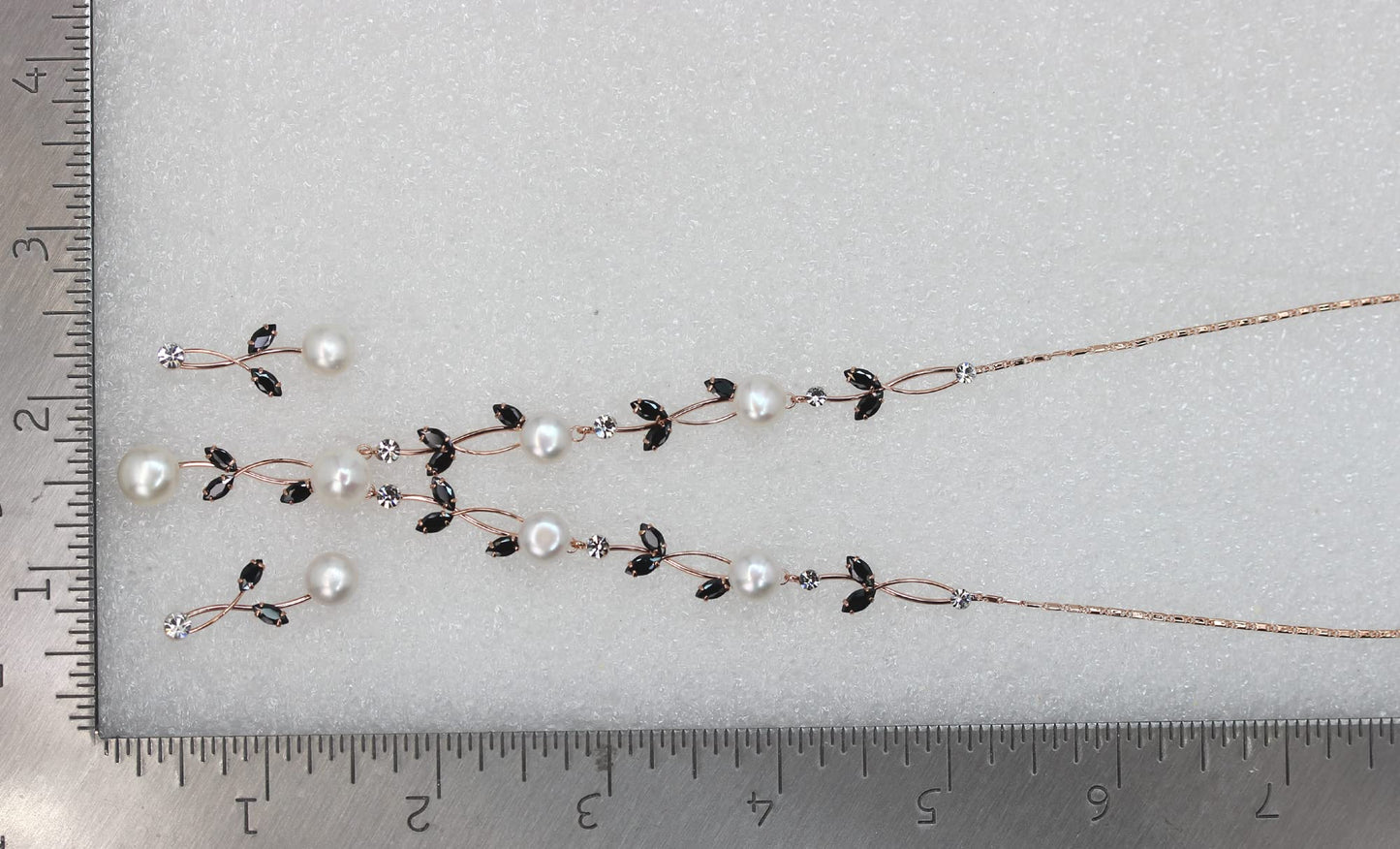 Faship Gorgeous Black CZ Crystal Genuine Freshwater Pearls Floral Necklace Earrings Set - Black/Rose Gold Plated