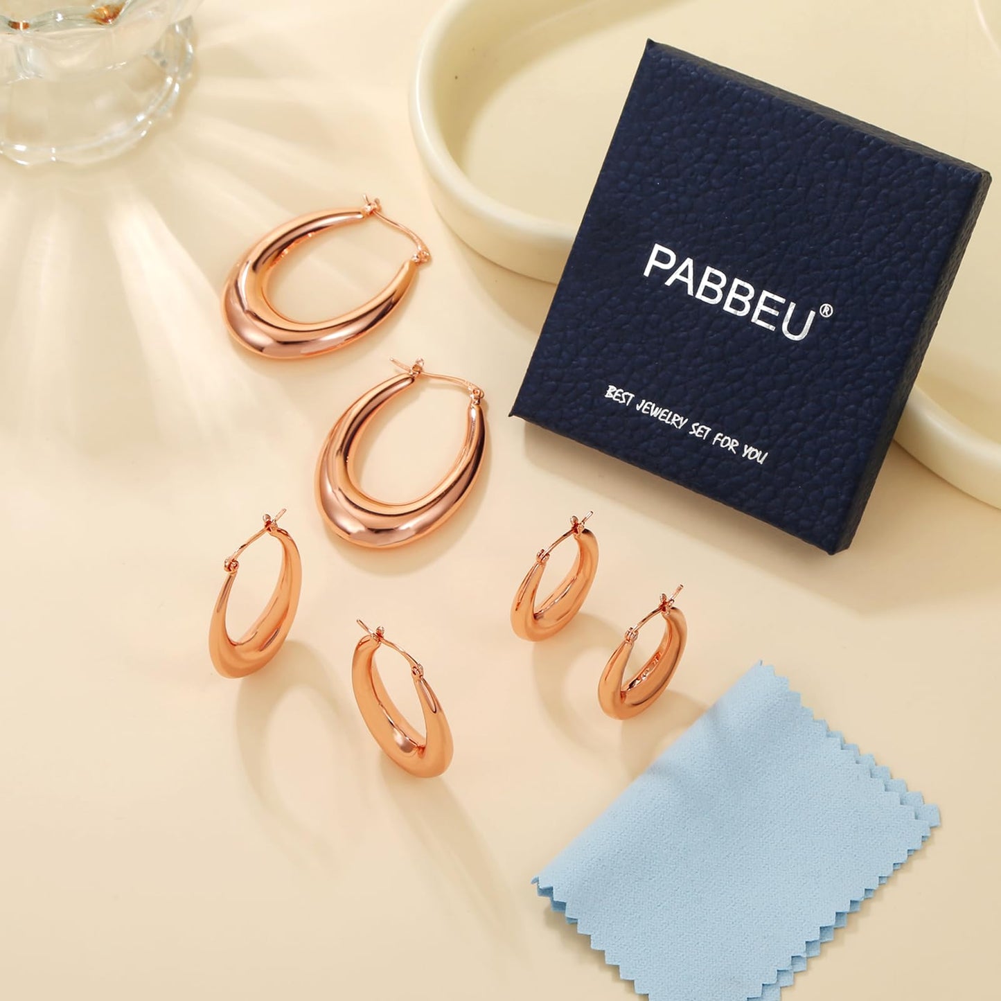 PABBEU Chunky Rose Gold Hoop Earrings for Women, Lightweight 14k Golden Plated Hoops Earrings, Hypoallergenic 925 Oval Rose Golds Hoops Earrings, Thick Gold Hoop Earrings for Women Gifts (40mm)