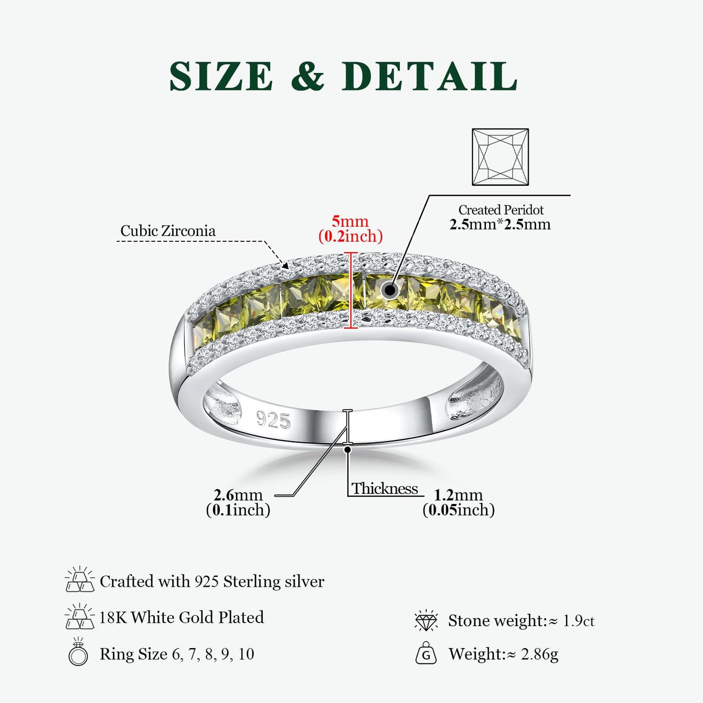 RANDES Peridot Rings for Women Channel Set Princess Cut Eternity Band 925 Sterling Silver August Birthstone Rings Peridot Jewlery Size 8