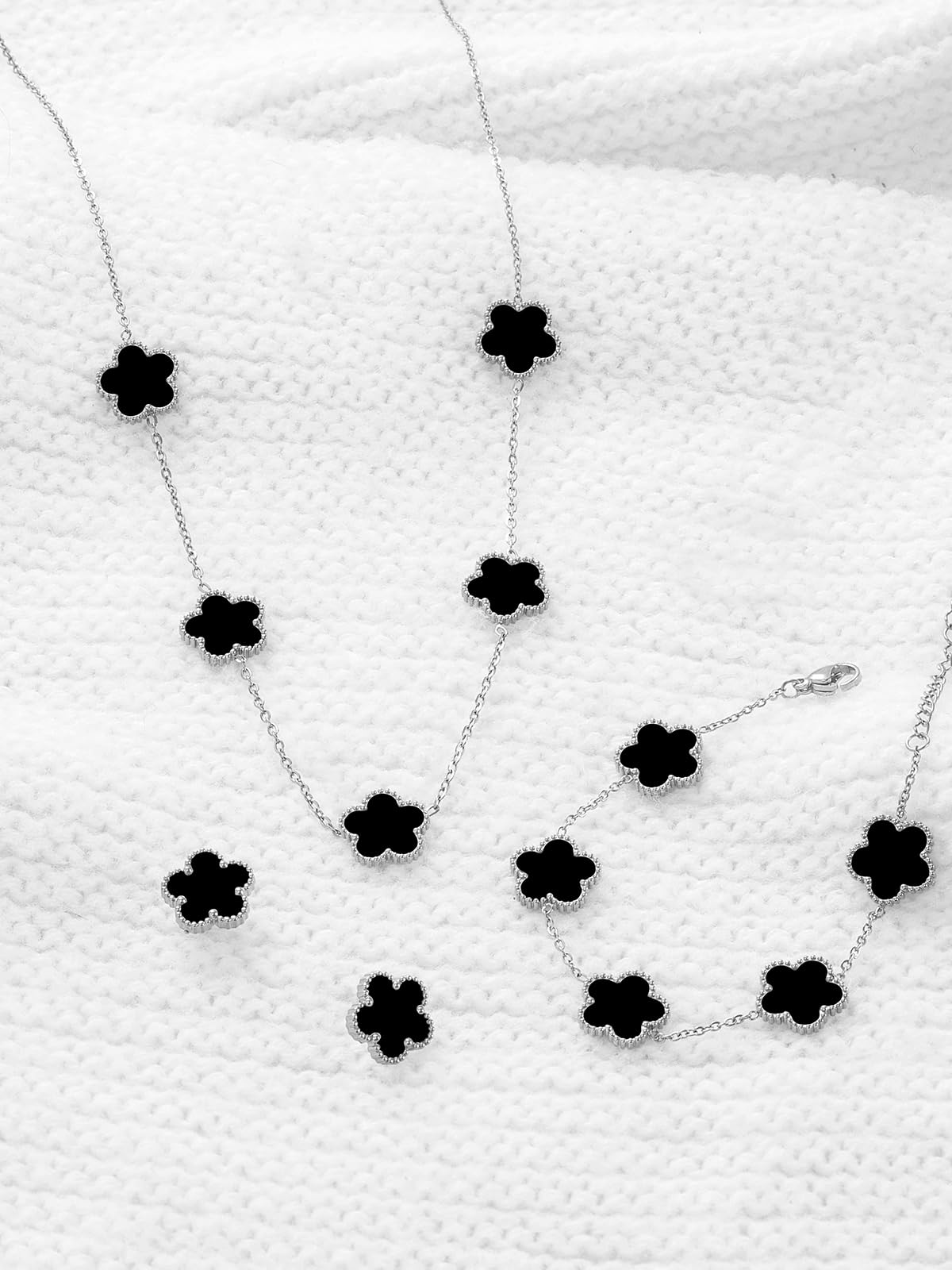 Qinpan Five Leaf Clover Necklace Bracelet and Stud Set for Women Lucky Flower Jewelry (Black-Stainless Steel)