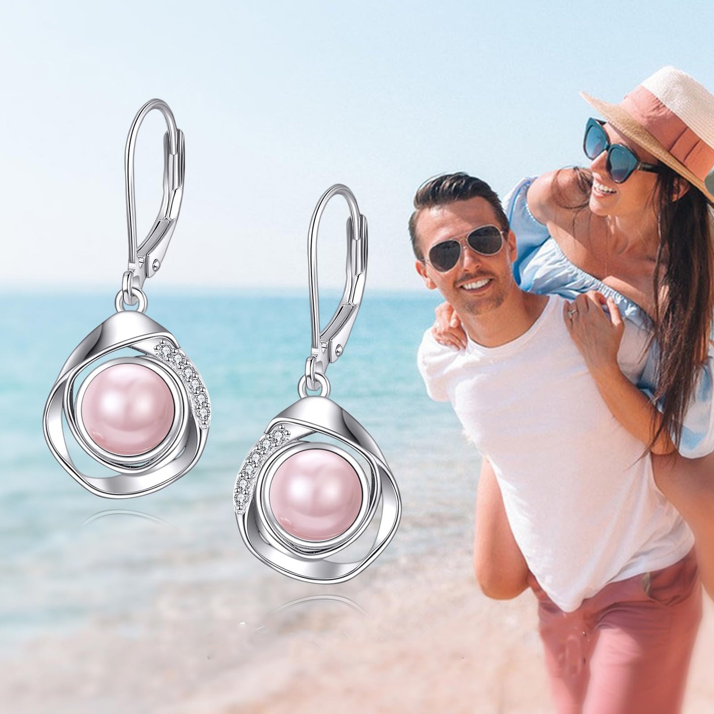 925 Sterling Silver Pink Pearl Leverback Earrings Dangle Drop Jewelry Gifts for Women (Pink Pearl)