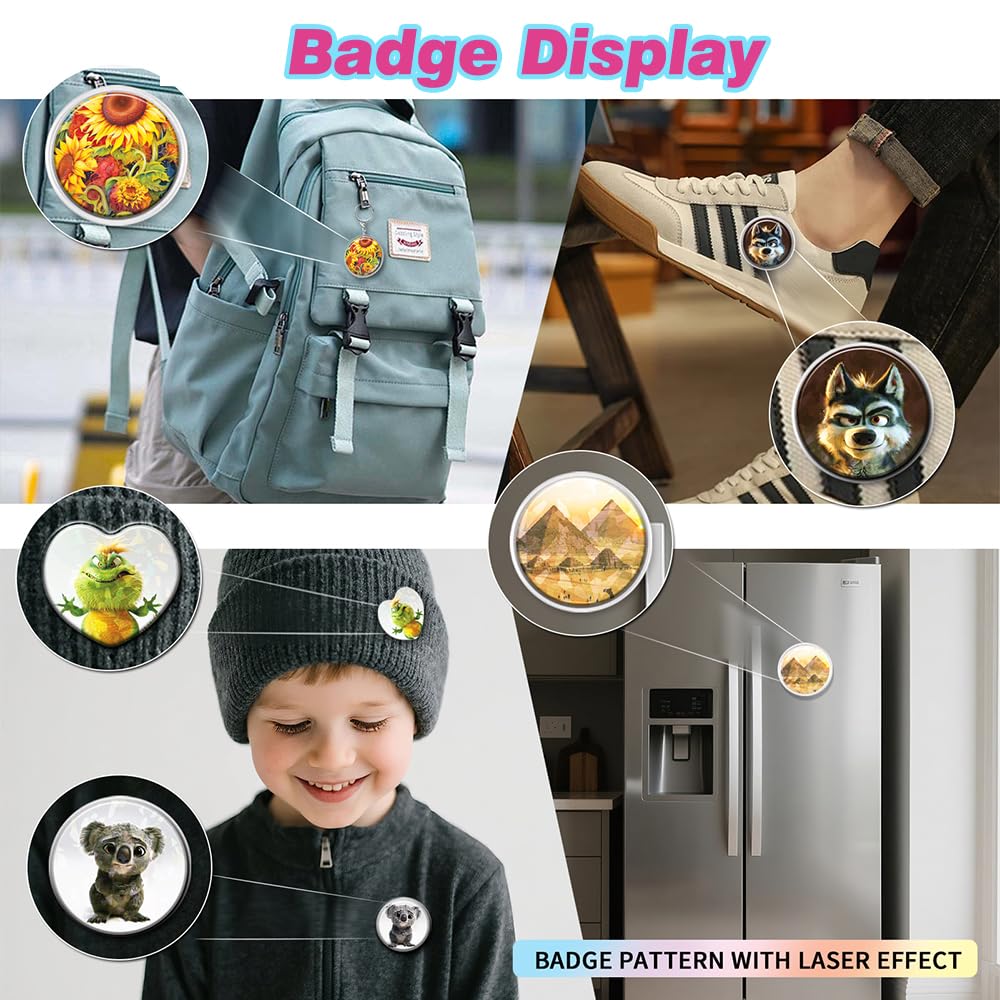 Upgraded Badge Button Maker Machine Kit - DIY Pin Press with 2 Round Sizes & Heart Shapes,Button Parts, Pictures, Circle Cutter, Board, Chain & Scissors - Ideal for Kids, School & Party Badge Making