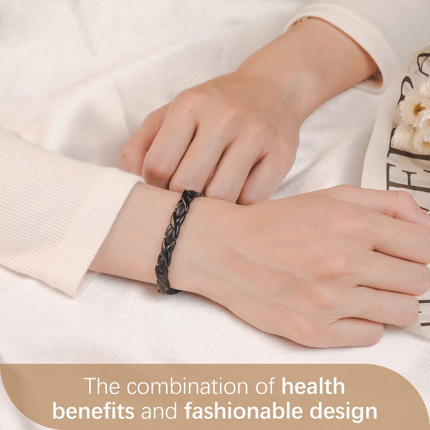 Feraco Magnetic Bracelet for Women Titanium Steel Magnetic Therapy Bracelet with Neodymium Magnets, Unique X Shape Links (Black)