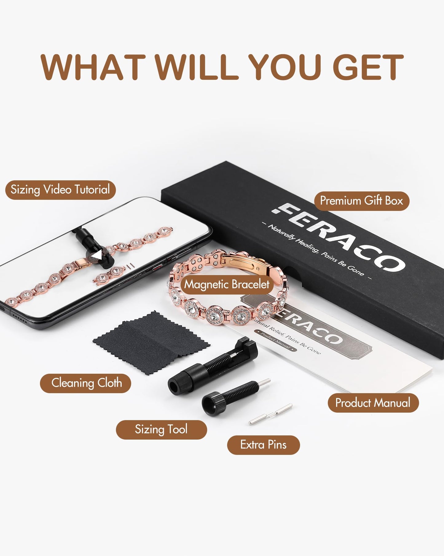 Feraco Pure Copper Bracelets for Women, 4X Ultra Strength Magnetic Bracelet with 3800 Gauss Neodymium Magnets & Dazzling Austrian Cut Crystals Stone, Adjustable Jewelry Gift (Sparkle Sphere - Rose Gold)