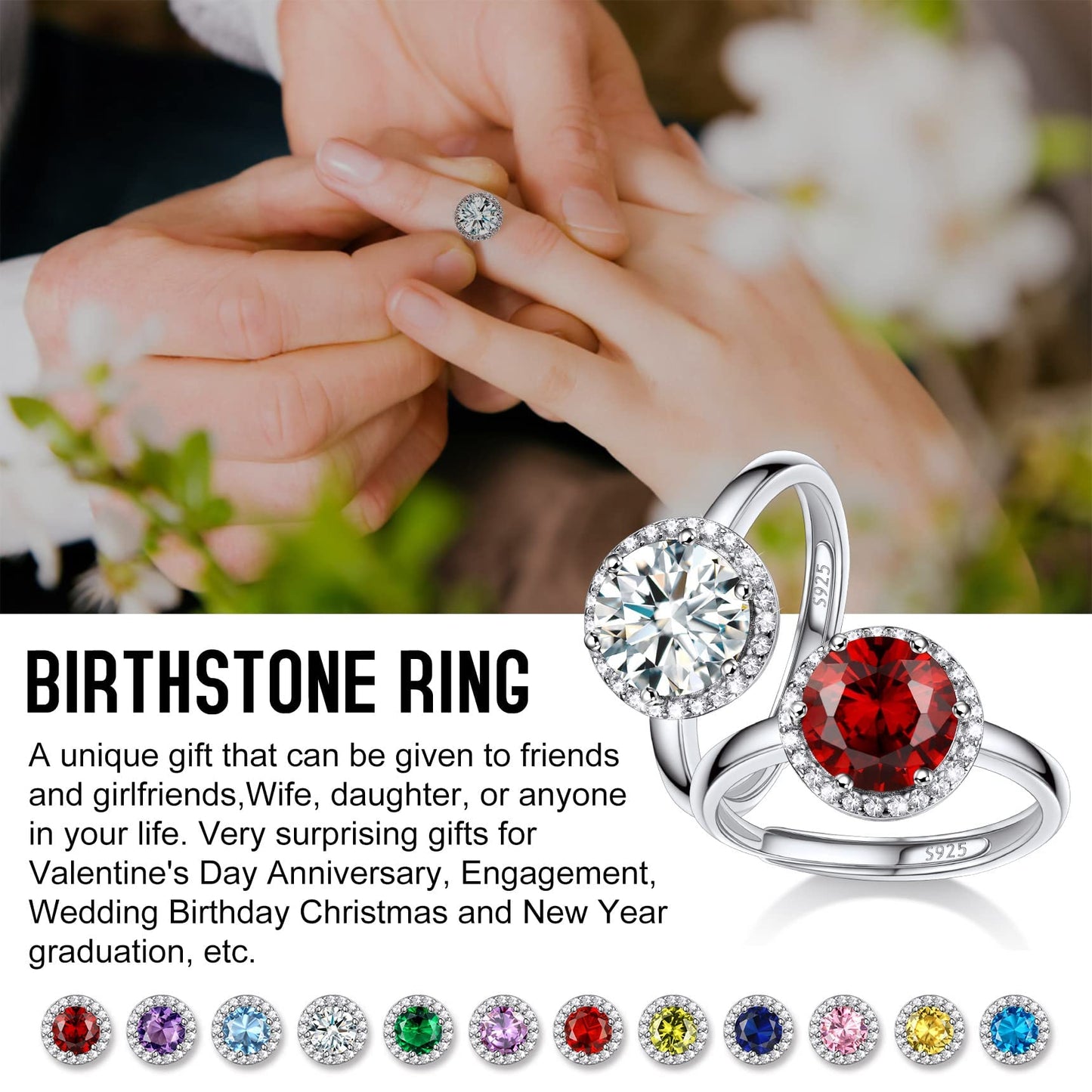 Bestyle Round May Emerald Birthstone Rings Embellished with White Cubic Zirconia Minimalist Sterling Silver Open Band Gemstone Rings for Birthday/Christmas/Party/Anniversary/Wedding
