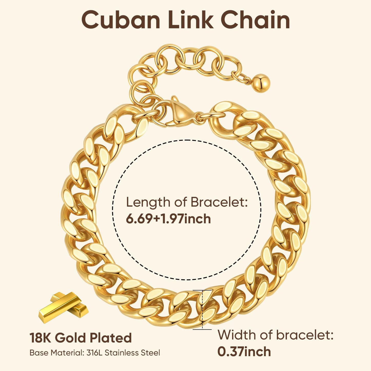 MPRAINBOW Chunky Gold Bracelets for Women - 18K Gold Plated Cuban Link Bracelet, Stainless Steel Non-tarnish Personality Thick Chain Trendy Jewelry Gifts, Christmas Valentines Prom Birthday Party