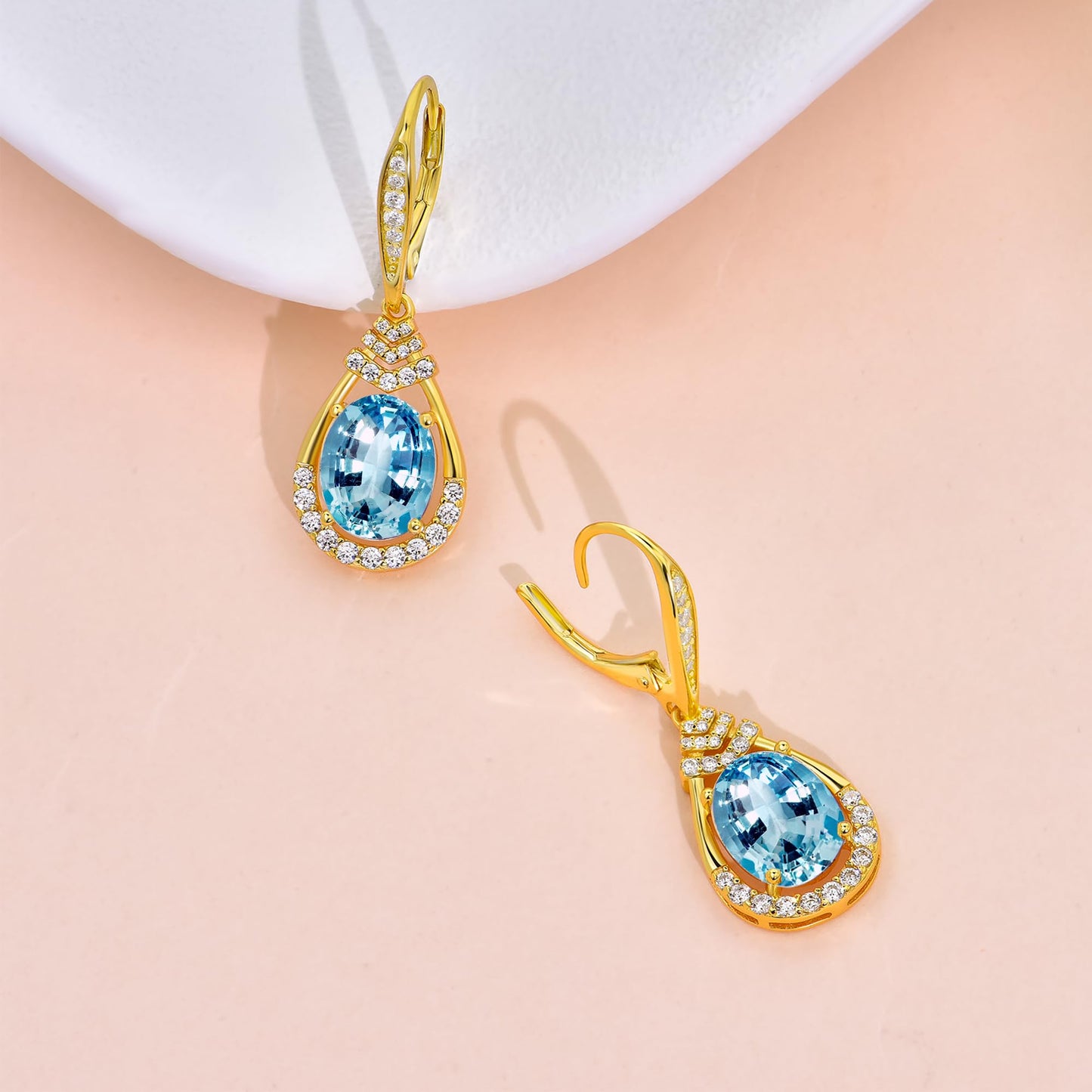 Valentine's Day Gifts for Women |18K G Plated Sterling Silver Birthstone Teardrop Leverback Drop Earring for Women Lady | Wedding Jewelry Gifts for the Bride | Hypoallergenic Oval Cut CZ Earrings (18k Gold Plated-03-Mar.-Aquamarine)