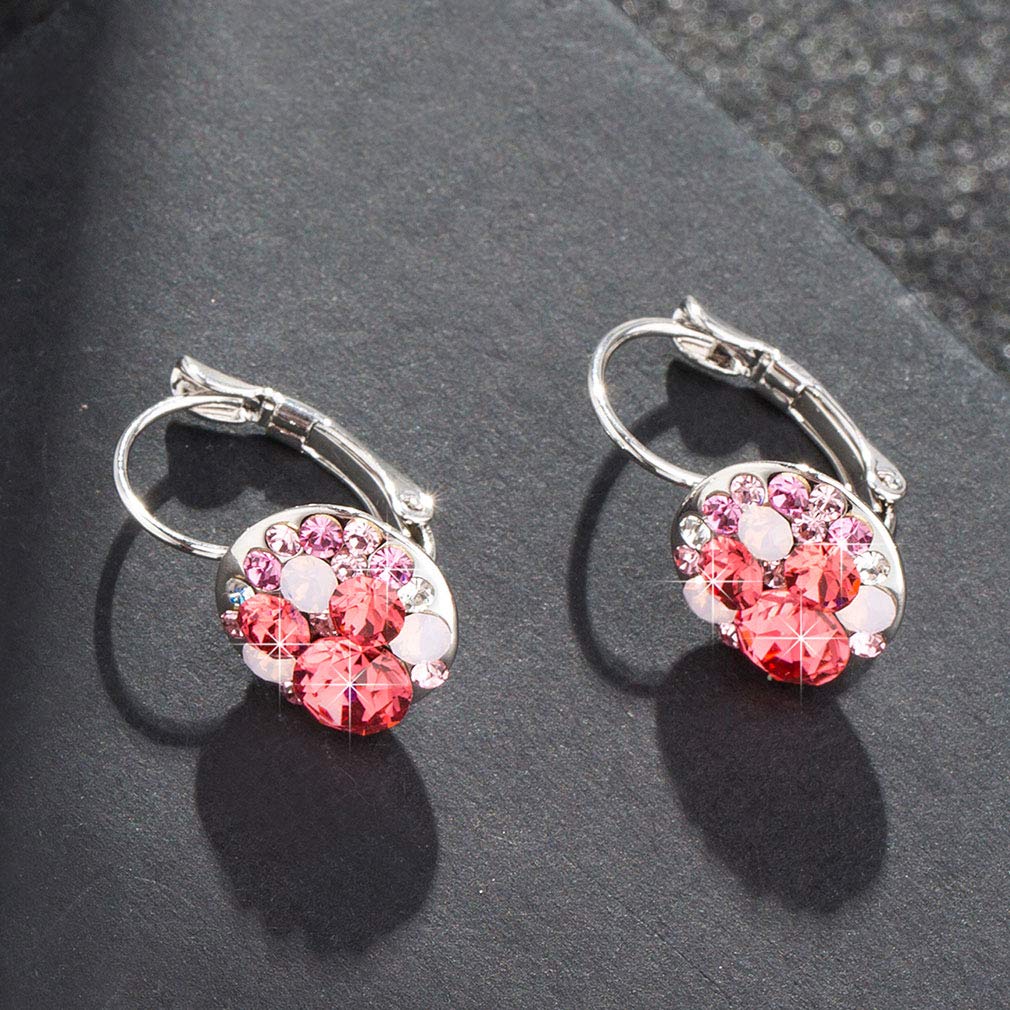 Multicolored Austrian Crystal Earrings for Women 14K Gold Plated Leverback Dangle Hoop Earrings (Pink Red Crystals/Silver-tone)