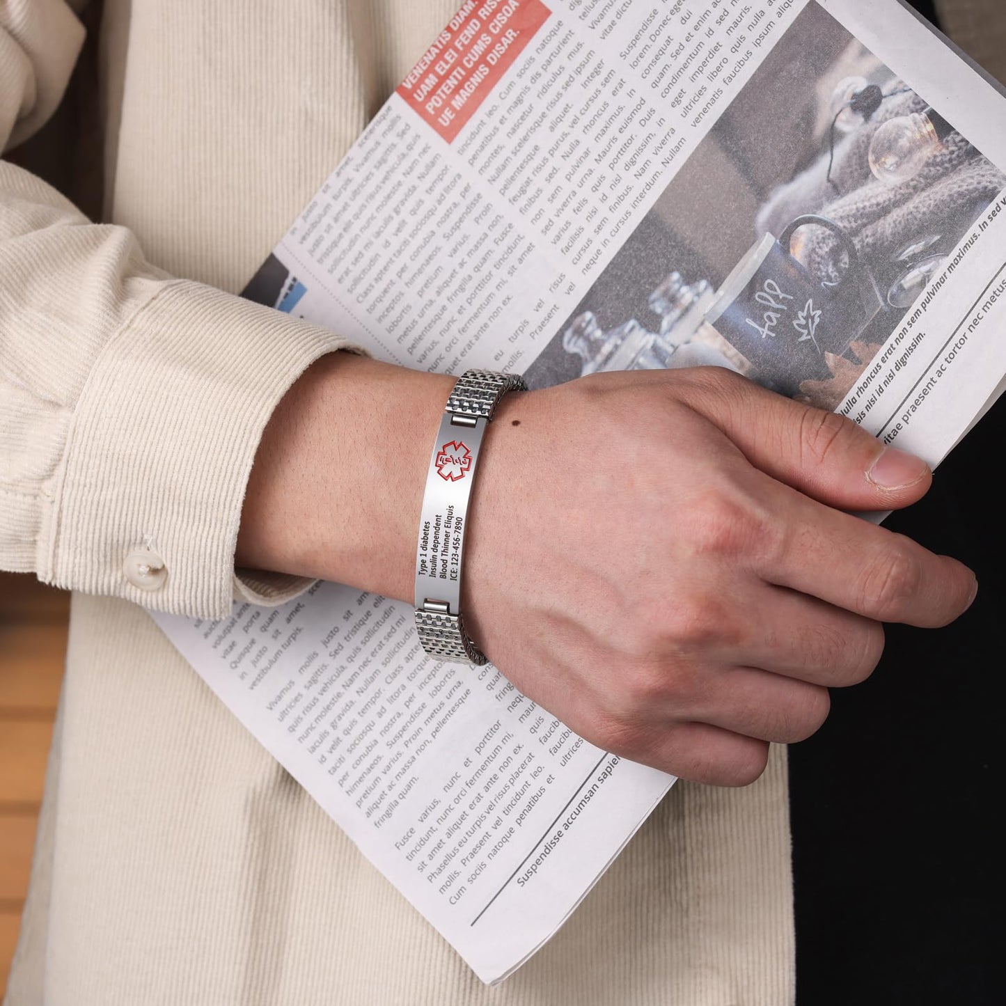 Bijouweled Medical Alert Bracelet for Women Men 7.5 to 9.8 Inches Emergency ID Bracelets Free Engraving Personalized Medic Alert Bracelet for Adult (Silver 7.3inch stretchable)
