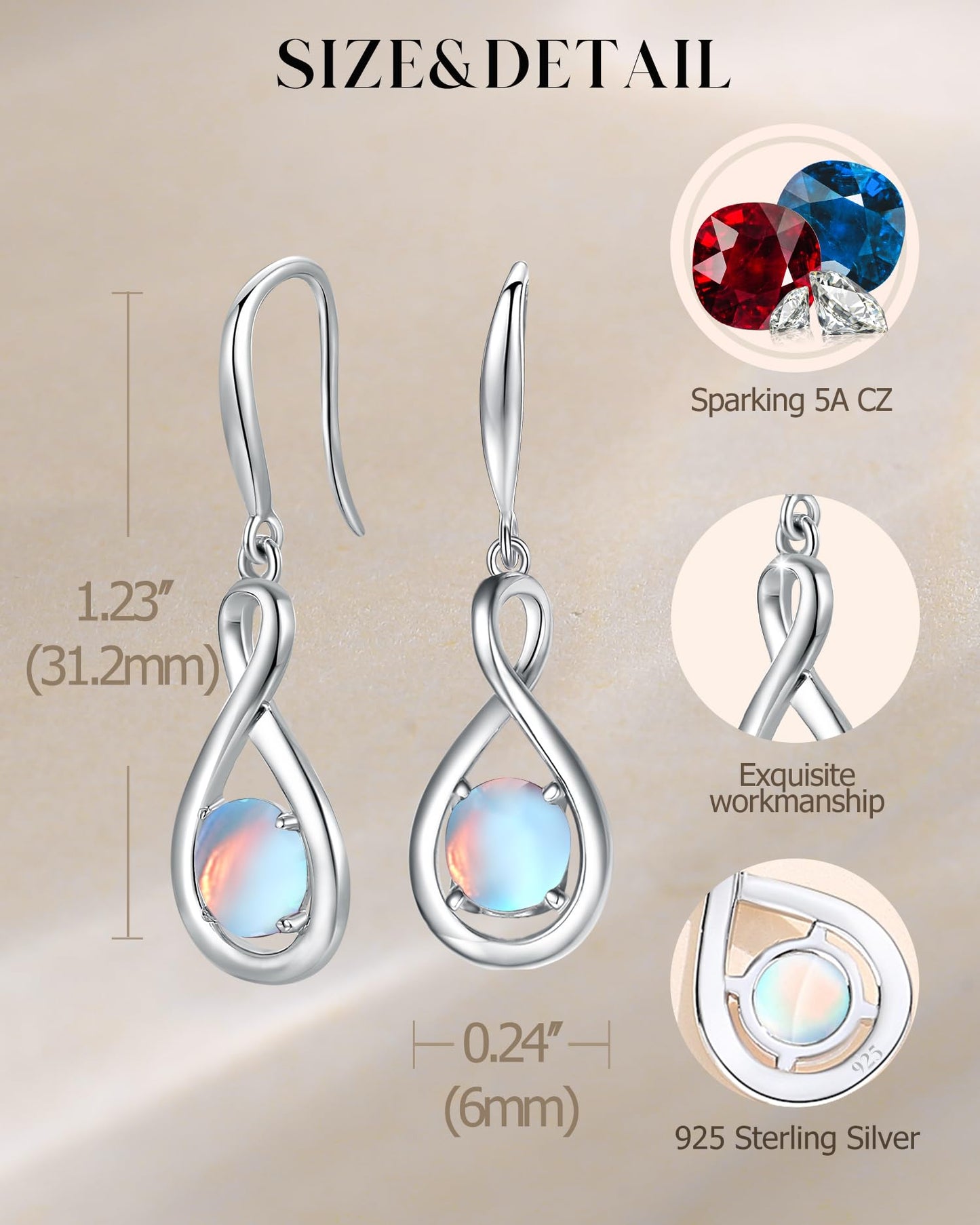 FANCIME Moonstone Dangle Drop Earrings 925 Sterling Silver Dainty Infinity Created Gemstone June Birthstone Earring Fine Jewelry Birthday Graduation Mothers Day Gifts for Mom Women Her