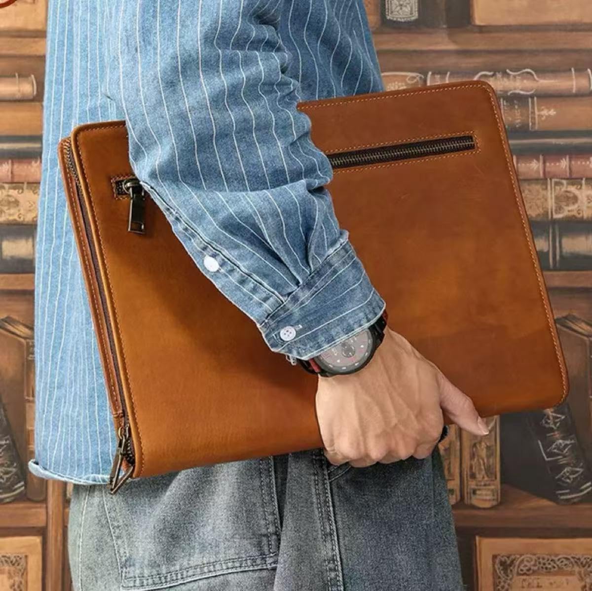 UPRESYE Zippered Padfolio Organizer, Leather Planner Binder, 12.9 Inch Portfolio Folder for Documents, Letter Size Business Card Tablet Document Holder for Men&Women, Brown
