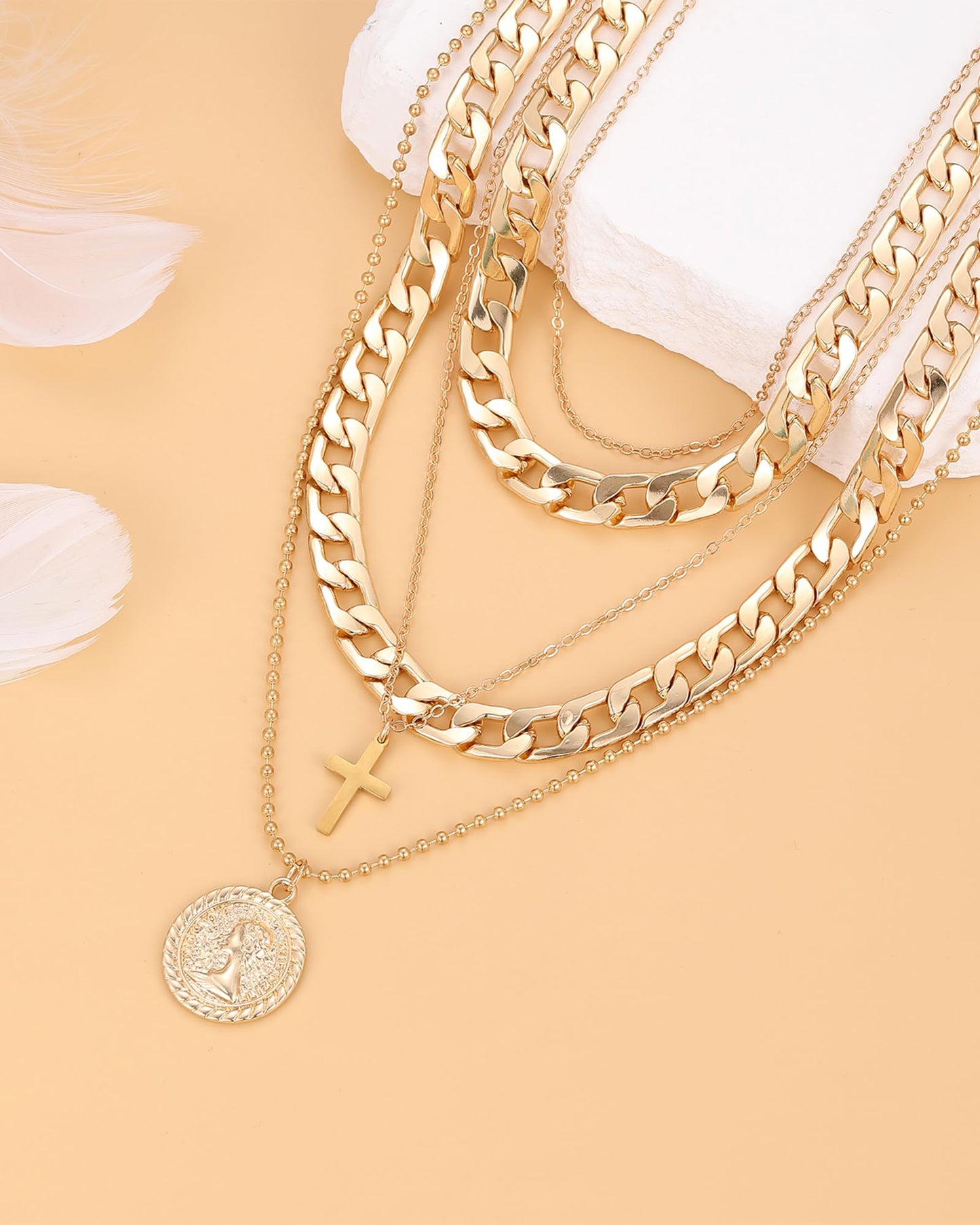 MJartoria Gold Layered Necklaces for Women Trendy Retro Coin Pendant Necklace Dainty Chunky Chain Choker Necklaces for Jewelry Birthday Gifts (Gold, A-Y-Retro Coin-Cross-5 in 1 Layered)