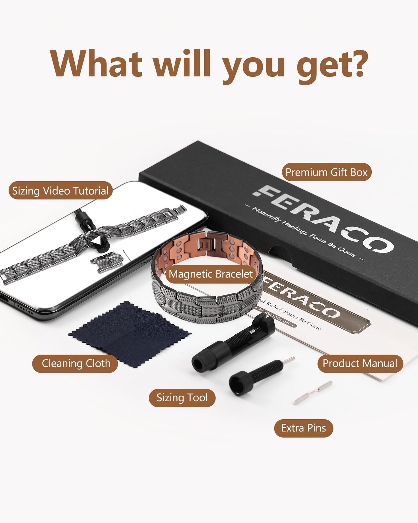 Feraco 3X Strength Copper Bracelets for Men Magnetic Bracelet with 3 Row Neodymium Magnets Adjustable Length, Pure Cooper Jewelry Gifts for Men (Gray, Tyre Graphics)