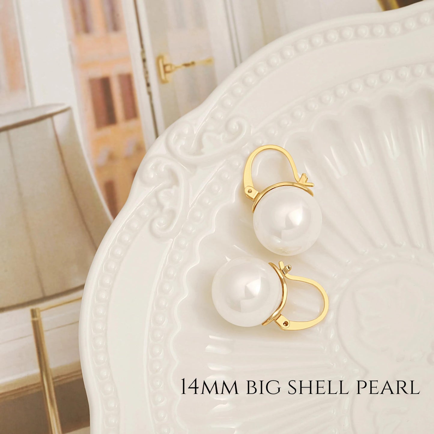 14mm Big Pearl Drop Earrings, Simple Gold Plated Huggie Hoop Earrings, Dainty Wedding Jewelry for Bridal