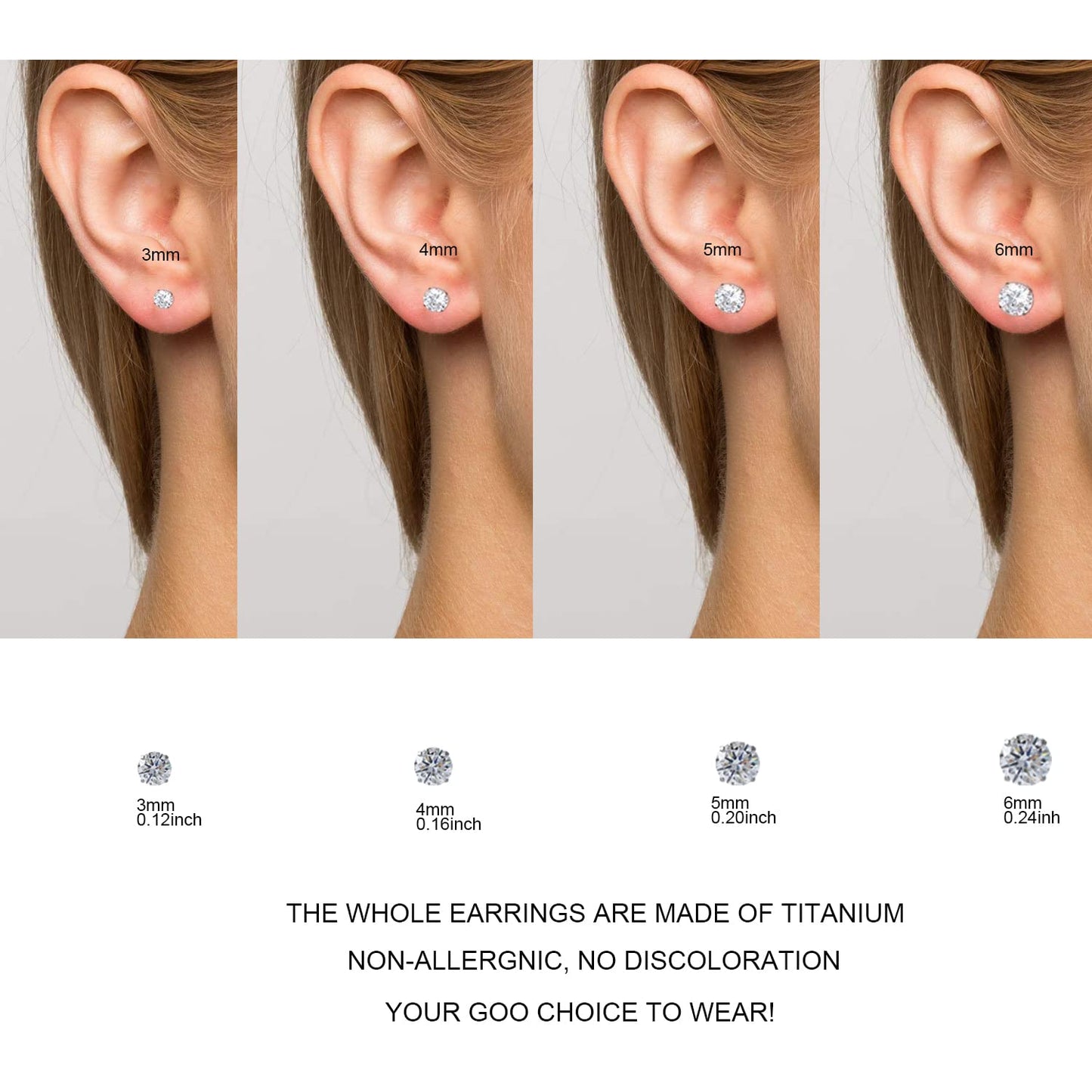 1 Pair Implant Grade Titanium Stud Earrings Set Hypoallergenic 3mm 4mm 5mm 6mm Cubic Zirconia G23 Titanium Earring Studs for Women Men for Sensitive Ear (3mm clear)