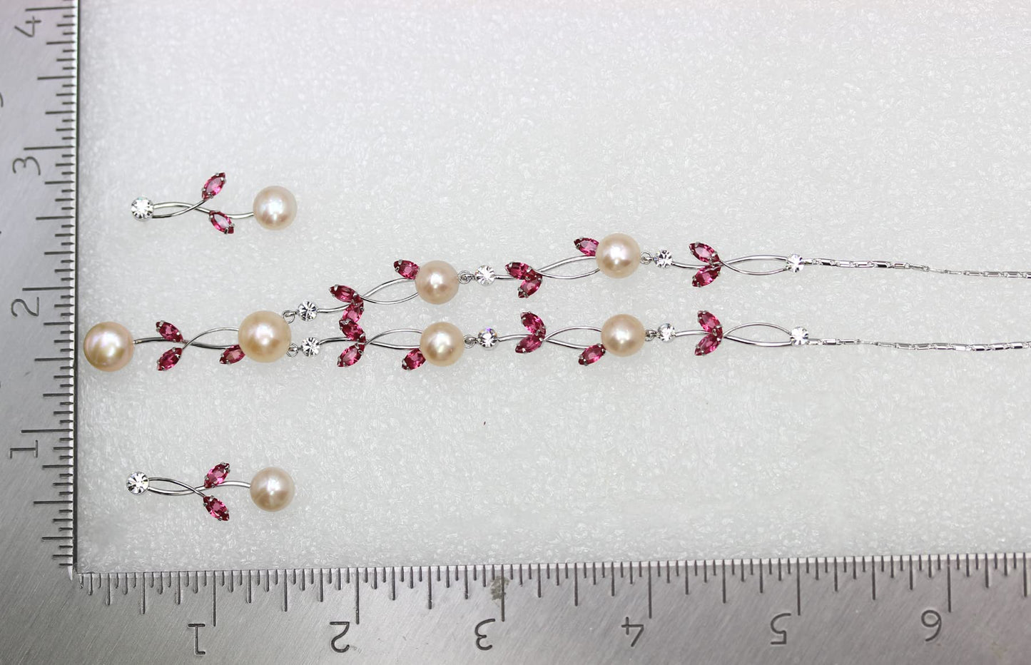 Faship Gorgeous Rose (Pink) CZ Crystal Genuine Freshwater Pearls Floral Necklace Earrings Set - Rose/Silver Tone