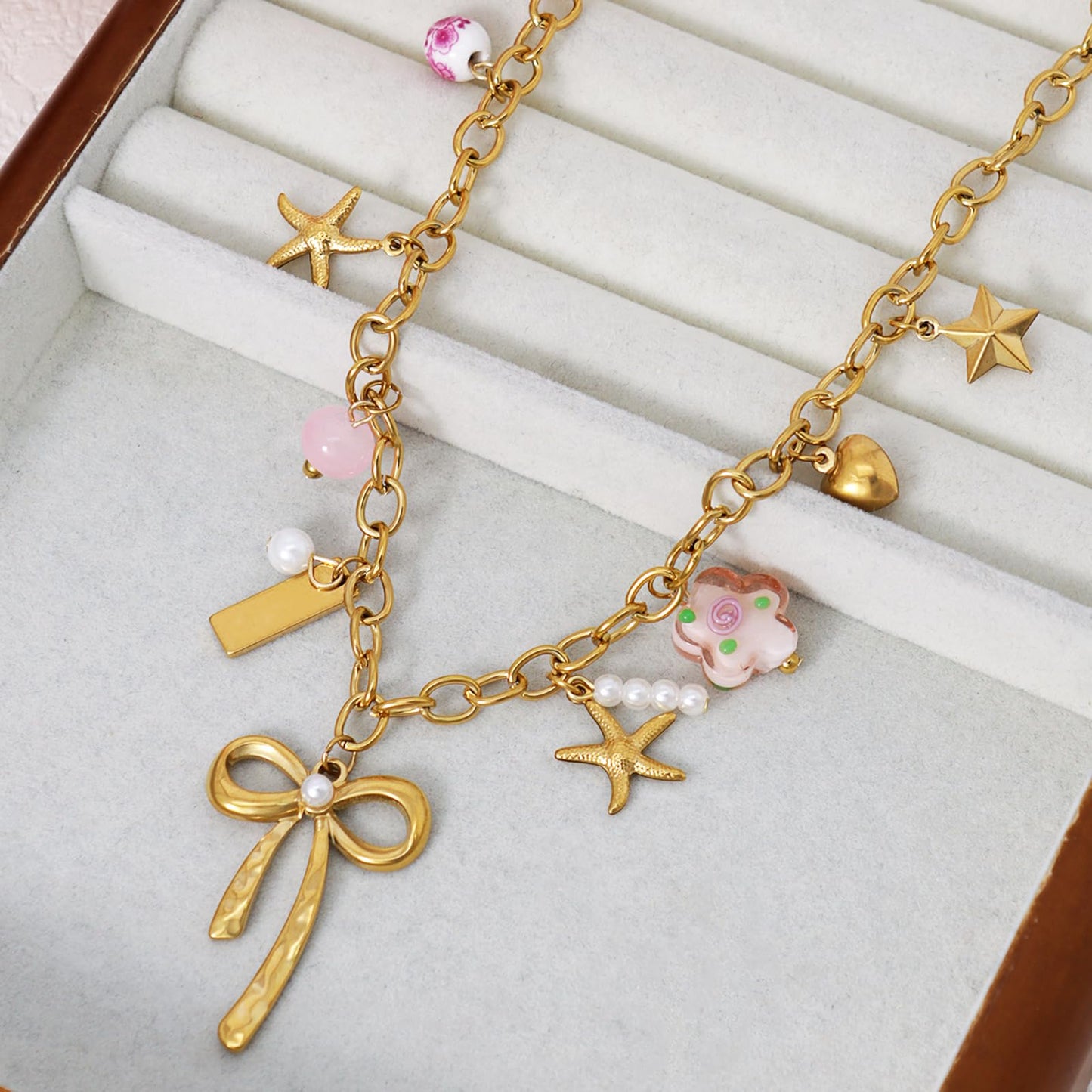 Trendy Stainless Steel Gold Plated Charm Necklace with Heart Pearl Pepper Conch Ceramic Pendant Necklace for Women Collares Chokers Jewelry (Bow Necklace)