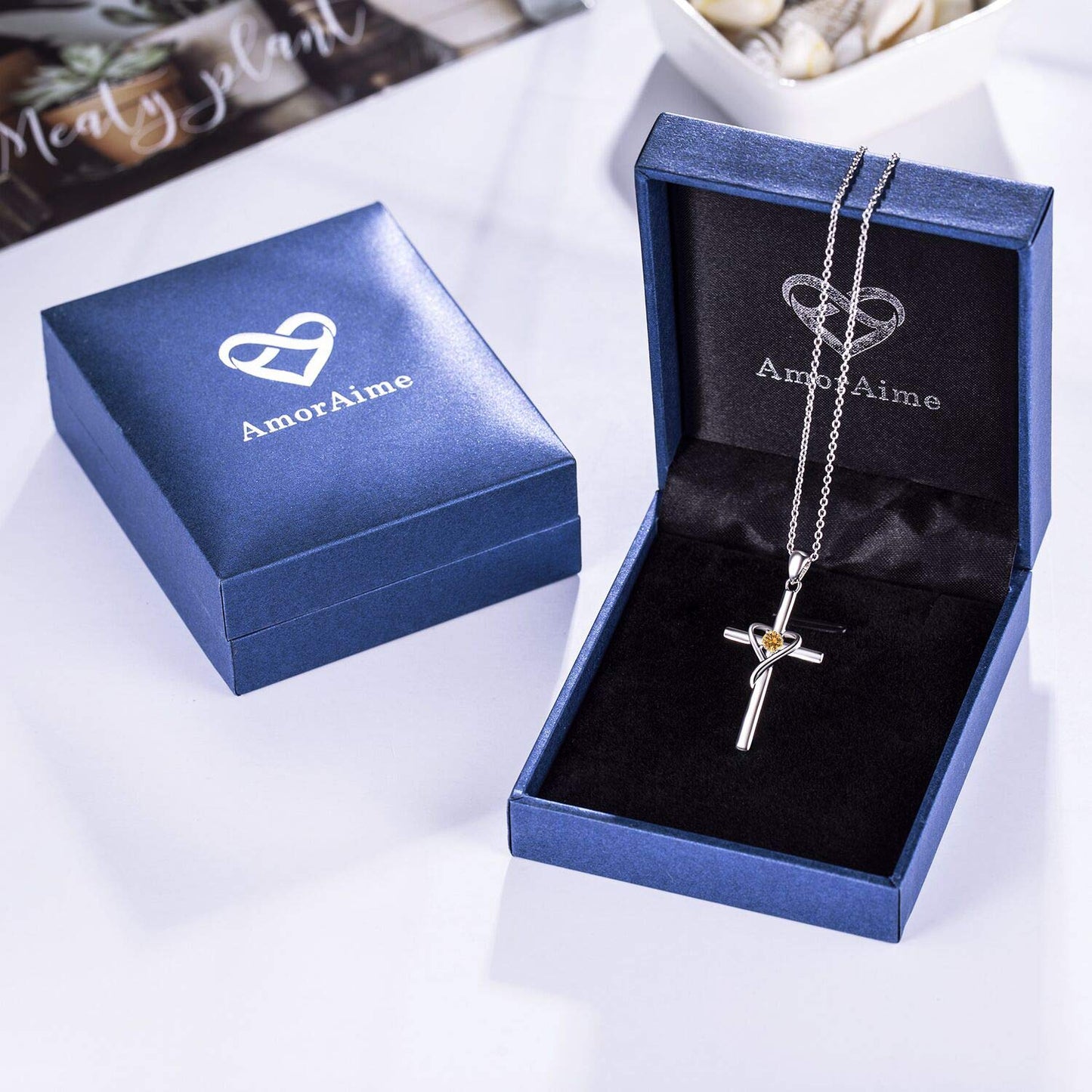 AmorAime 925 Sterling Silver Cross Necklace for Women Men 14K Gold Plated 5A CZ Birthstone Necklaces for Holiday (K.Orange-November-Topaz)