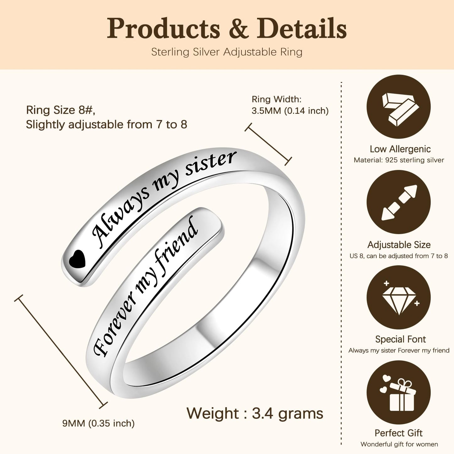 JXJL 925 Sterling Silver Inspirational Jewelry Adjustable Wrap Open Ring Encouragement Gift for Women(Always my sister Forever my friend)