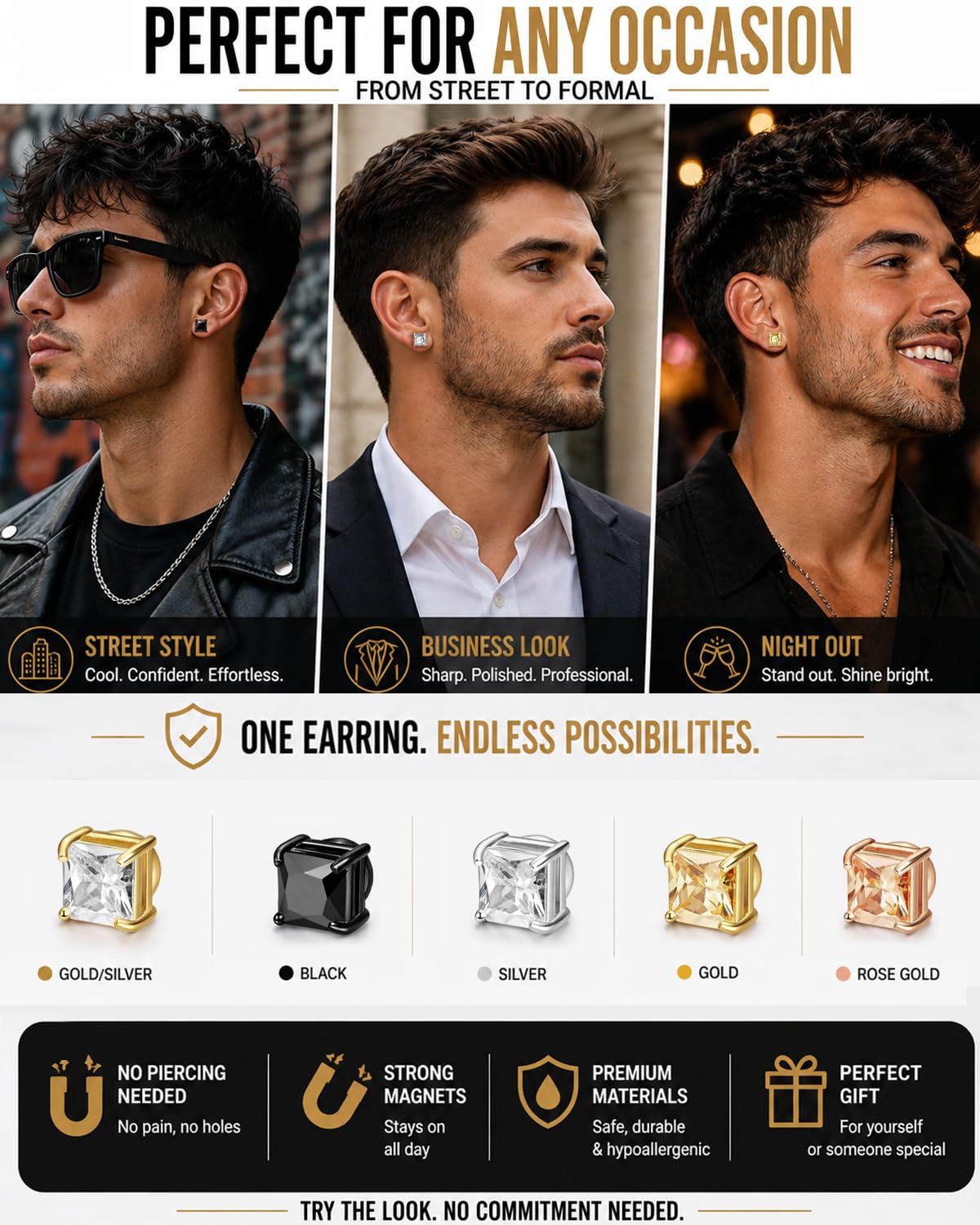 BEFOSHINN Magnetic Stud Earrings for Men and Women, No Piercing Needed, 5 Pairs 316L Stainless Steel CZ Clip On Ear Studs, 6mm Fake Earrings for Non Pierced Ears, Silver Black Gold Rose Gold