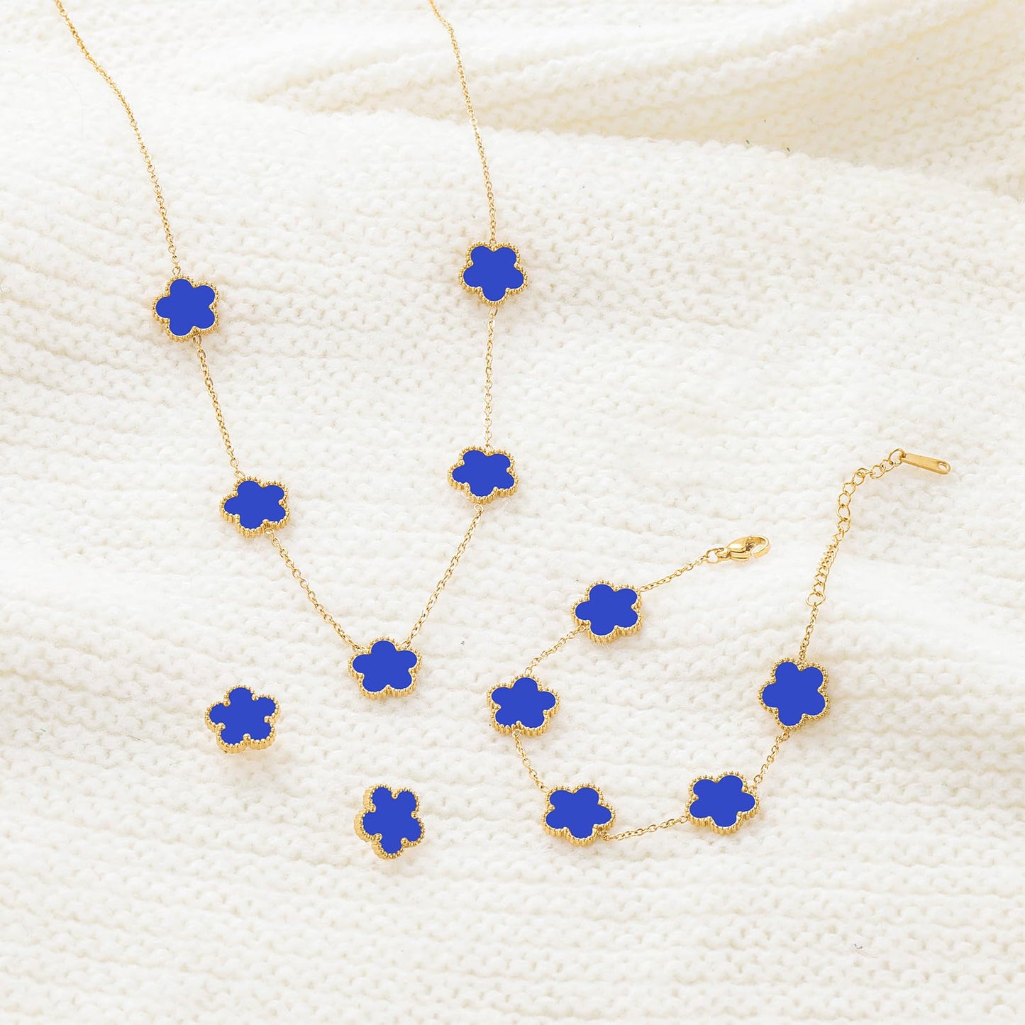 Qinpan Five Leaf Clover Necklace Bracelet and Stud Earrings Set for Women Lucky Flower Jewelry (Royal Blue-14K Gold Plated)