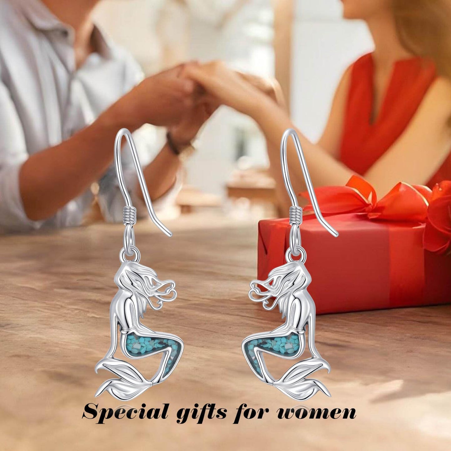 HPQQ Mermaid Earrings 925 Sterling Silver Turquoise Mermaid Dangle Earrings Ocean Beach Themed Jewelry Mother's Day Jewelry Gifts for Women