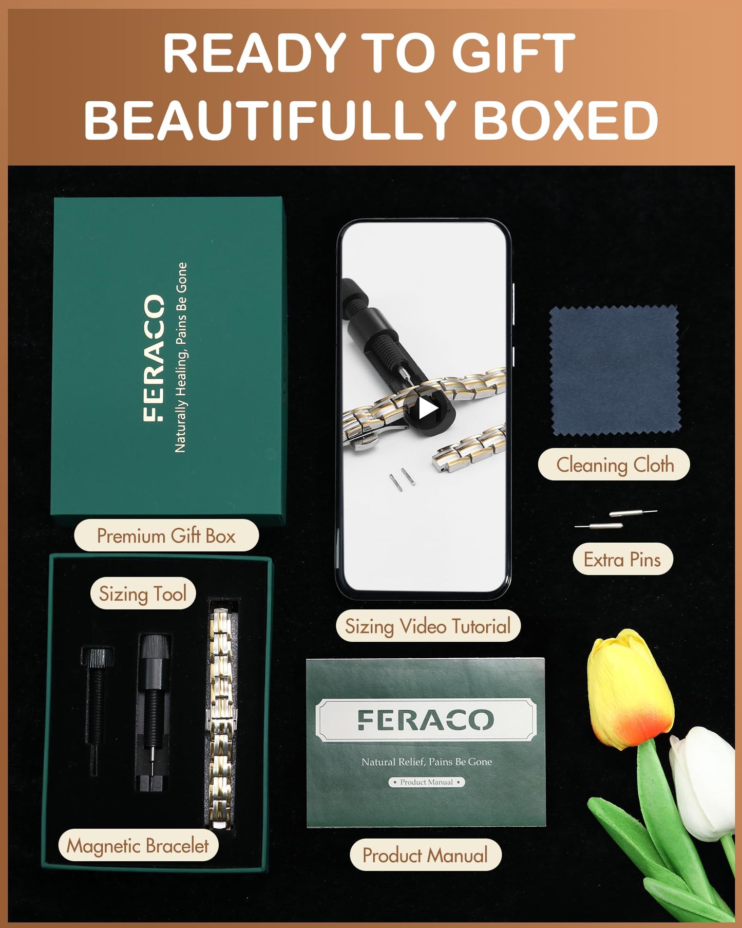 Feraco 5X Strength Magnetic Bracelets for Women, Stainless Steel Magnet Bracelet with Ultra Powerful 5000 Gauss Magnets, Upgraded Butterfly Clasp, Adjustable Jewelry Gift (Silver & Gold)