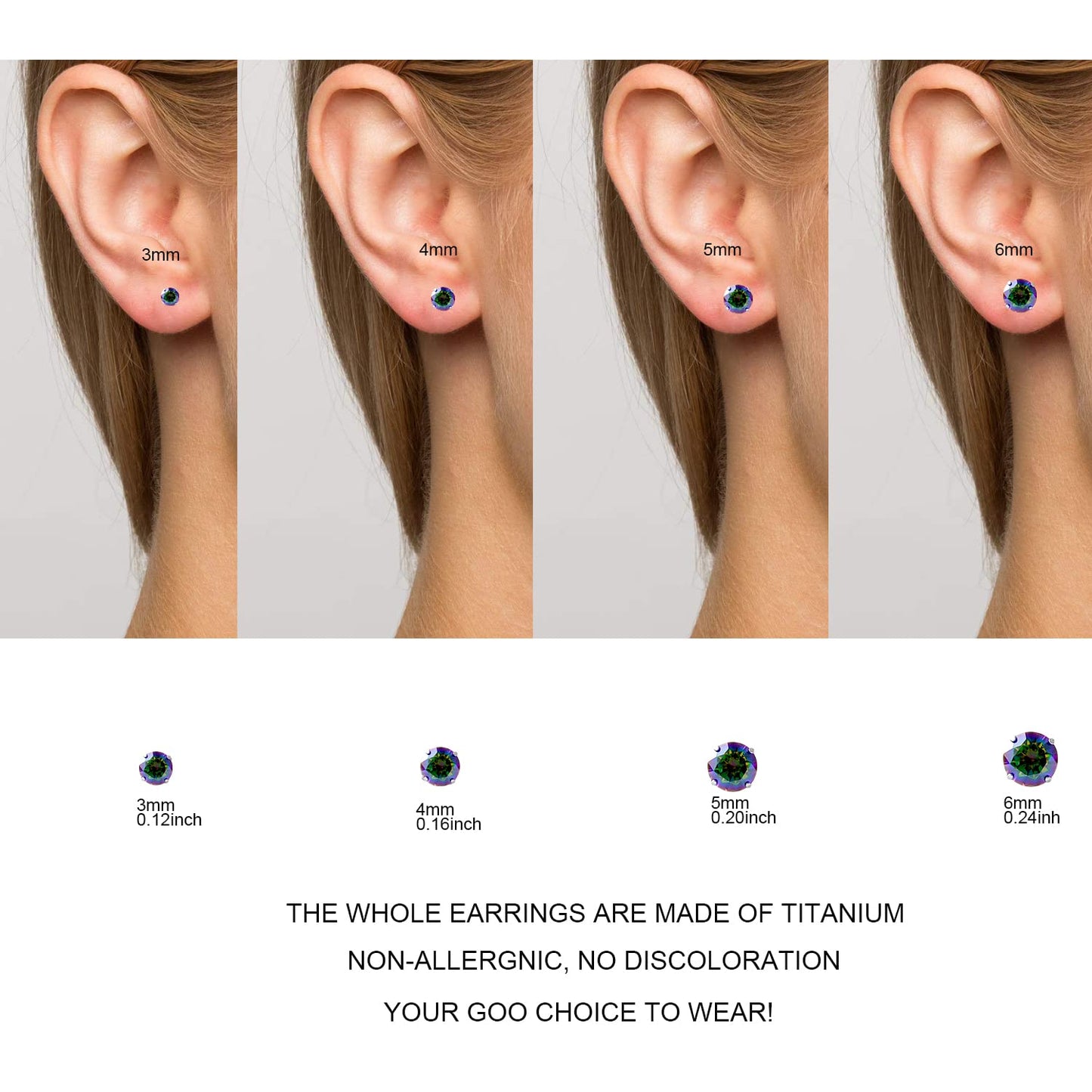 1 Pair Implant Grade Titanium Stud Earrings Set Hypoallergenic 3mm 4mm 5mm 6mm Cubic Zirconia G23 Titanium Earring Studs for Women Men for Sensitive Ear (6mm VM)