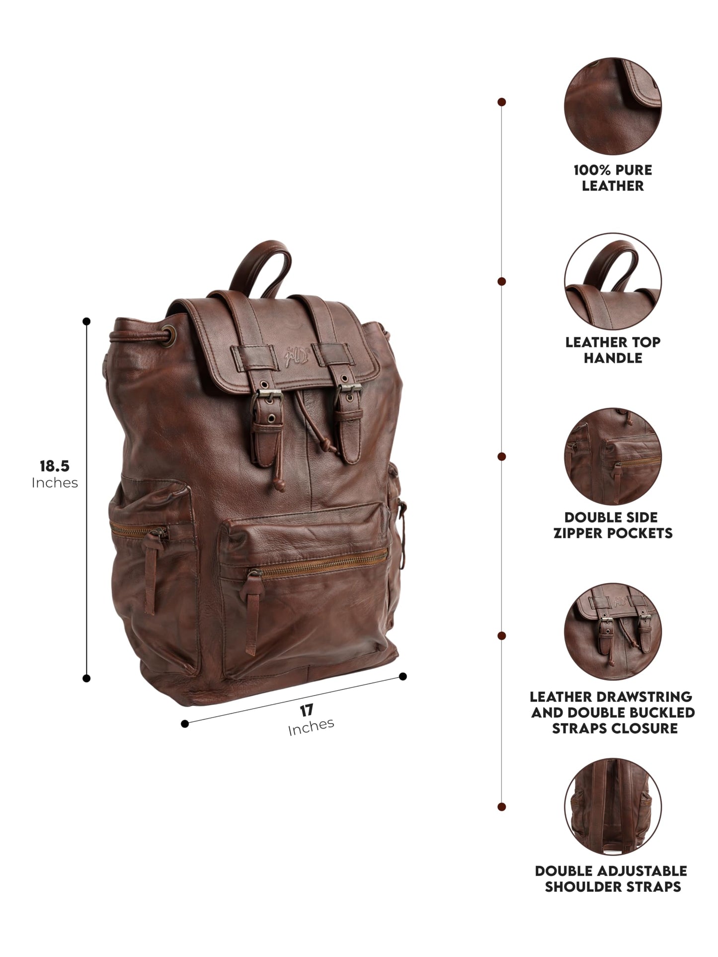 Jild Genuine Cow Leather Backpack for Men or Women — Vintage Backpack Hiking Camping Leather Rucksack Fits 15.6”-16” Laptop (Brown)
