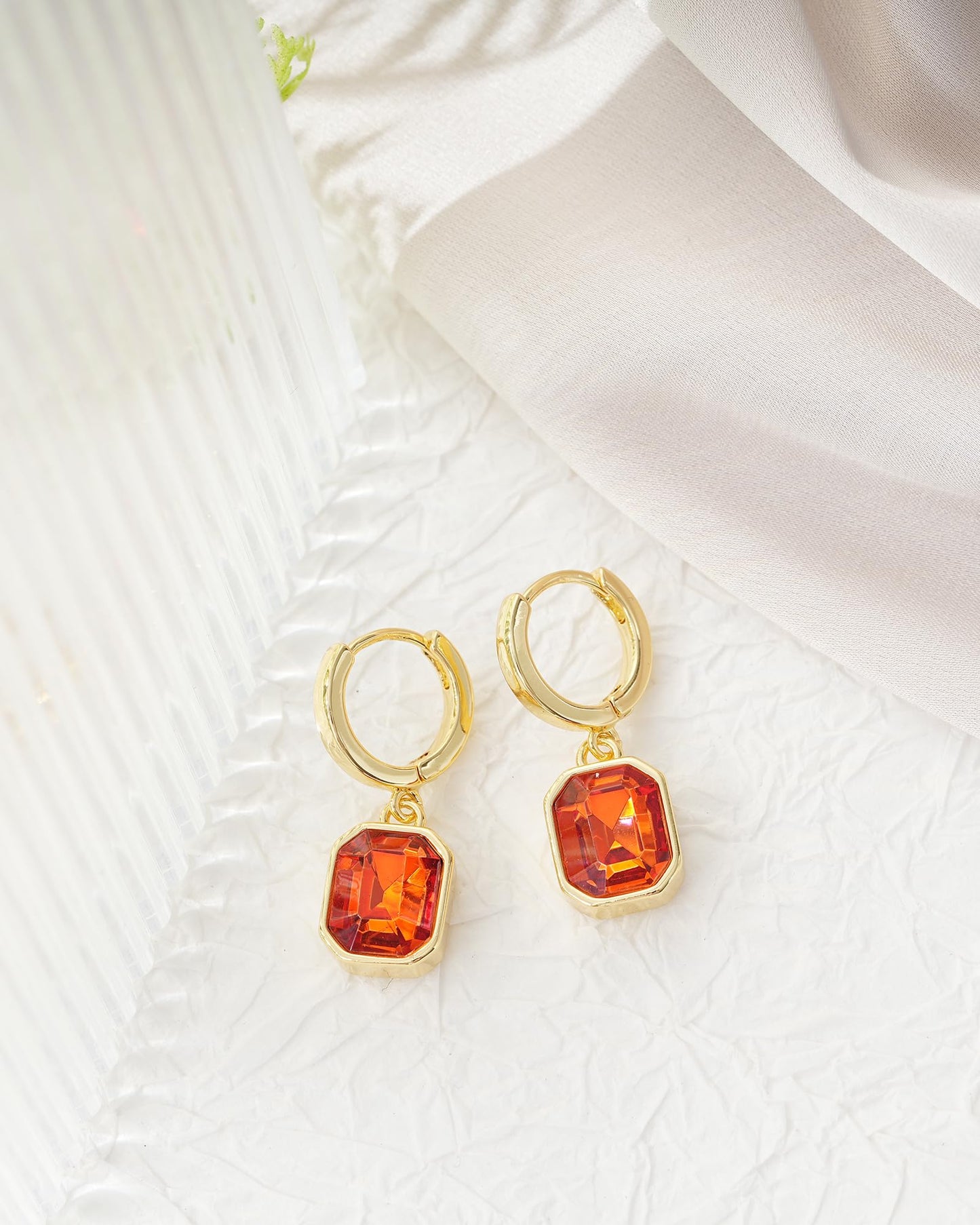 Birthstone Crystal Dangle Drop Earrings, 18K Gold Plated Huggie Hoop Hypoallergenic Earring Jewelry Gifts for Women (Orange)