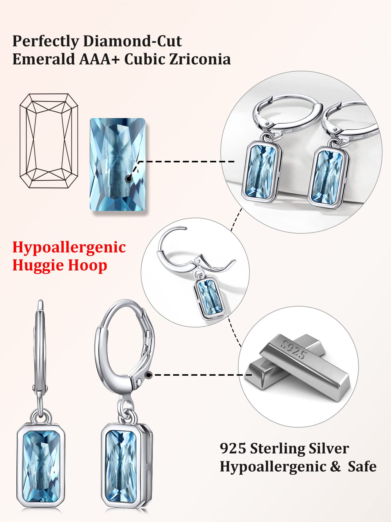 Bestyle Silver March Birthstone Hoop Dangle Earrings - Created Rectangle Aquamarine Crystal Drop Blue Earrings - Trendy Cute Women's Small Hoop CZ Dangle Earrings for Party Gowns