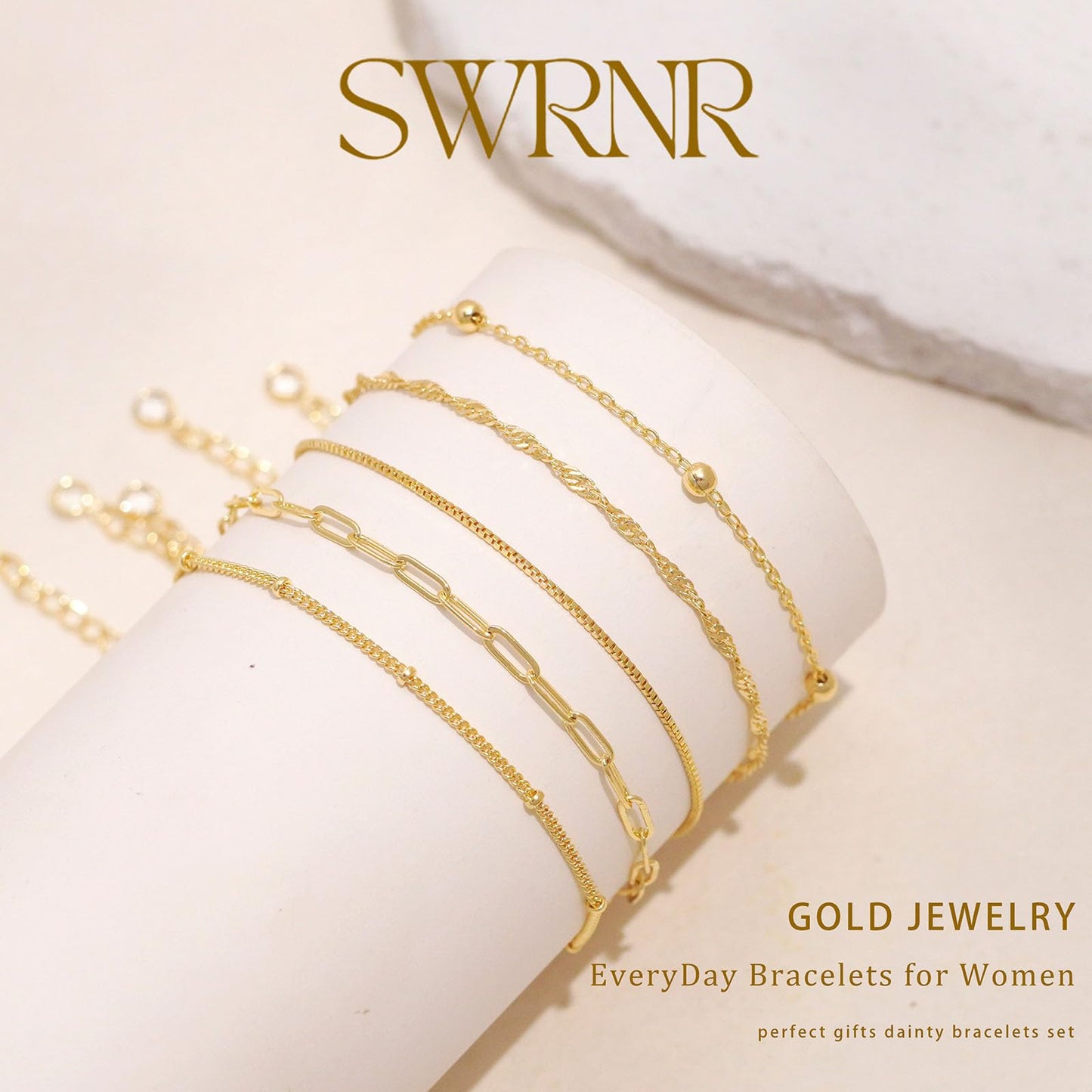 Gold Bracelets for Women, Dainty 14K Gold Plated Bracelet Stack for Women Trendy CZ Tennis Paperclip Cuban Chain Stackable Adjustable Waterproof Link Bracelet Jewelry Set Fashion Accessories Gifts