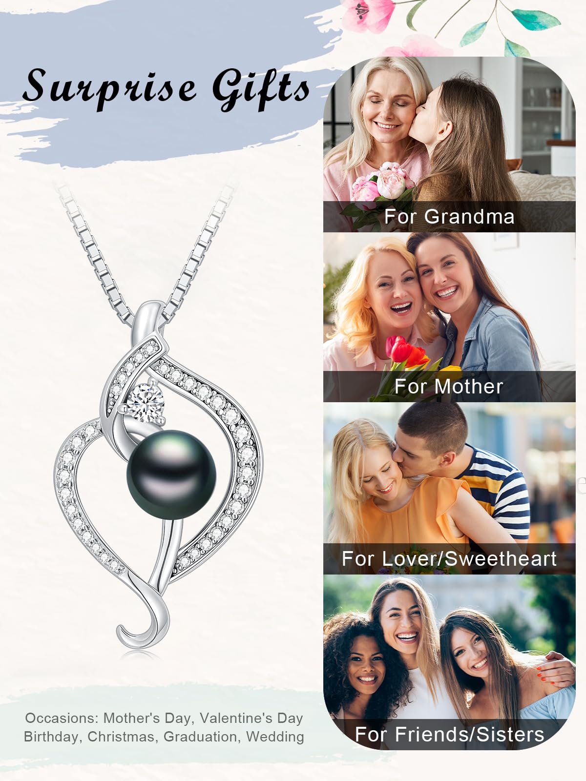 KANNSOAR Tahitian Black Pearl Necklace 18K White Gold Plated 925 Sterling Silver AAAA Black Pearl Pendant Necklace Jewelry Gift for Mom Women Wife Her Wedding Birthday Anniversary