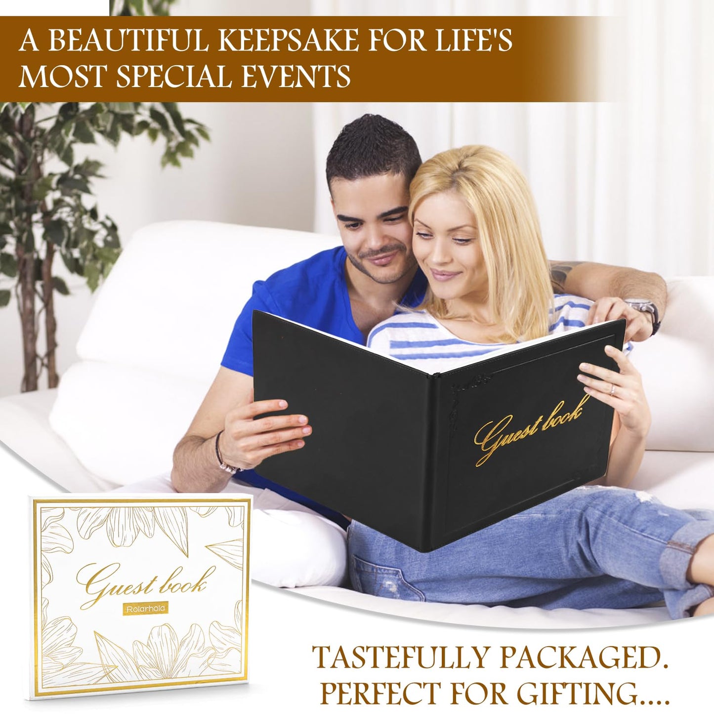 Rolarhola 8x10 Leather Guest Book and Standup Sign Set, Gold Foiled Cover Registry Book for Wedding Reception, Retirement Party, Vacation Homes and Events, 120 Pages (Black)