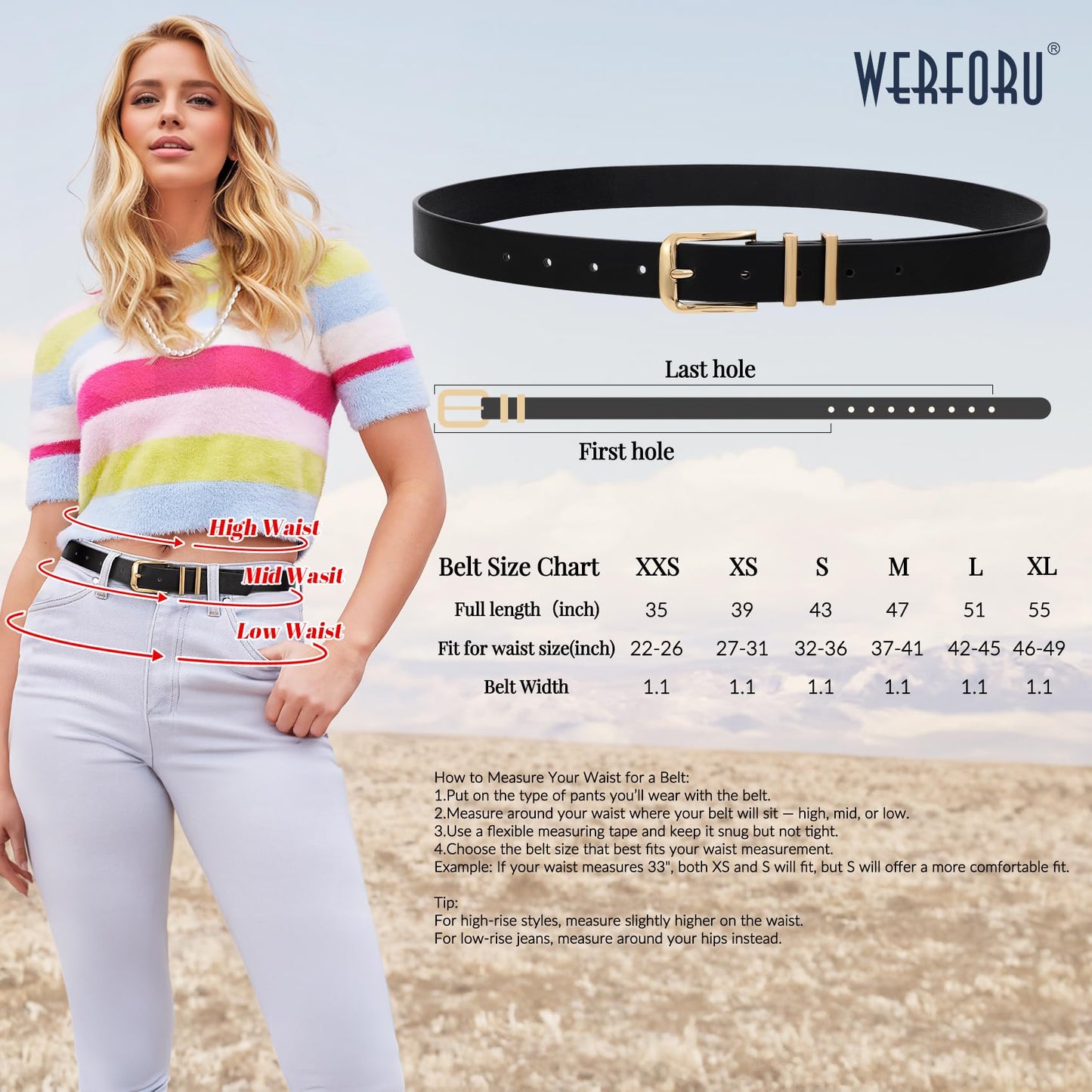 WERFORU 3 PACK Women Belt Women Fashion Leather Belts for Jeans Pants Ladies Belts with Gold Buckle,A-Black+Brown+Beige,Fit Waist Size 32-36 Inches