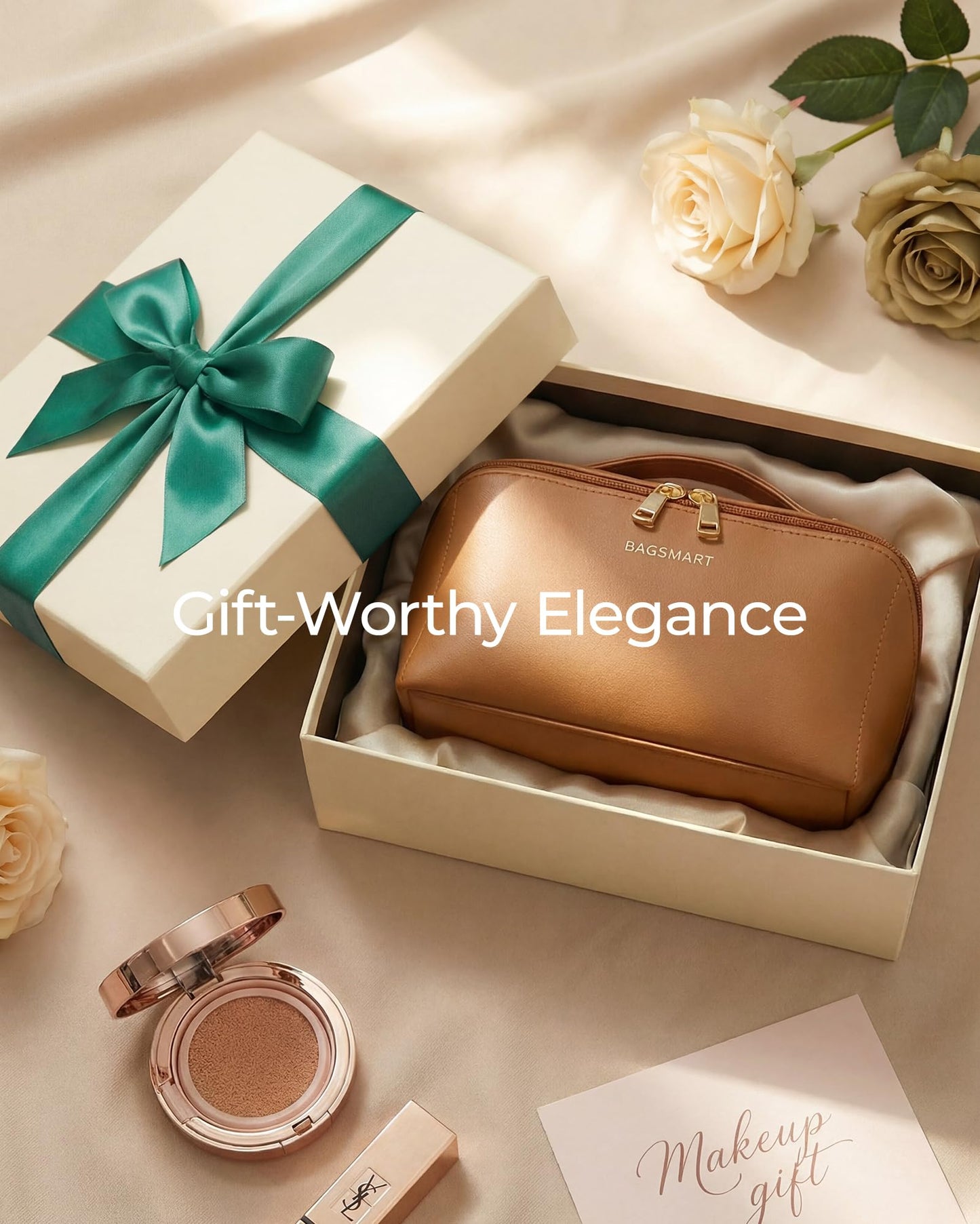 BAGSMART Makeup Bag Travel Cosmetic Bag, Large Make Up Bag Flat Open Toiletry Bag for Women, Waterproof PU Leather Travel Essentials Organizer Case, Wide-open Pouch Purse for Skincare, Brushes, Black