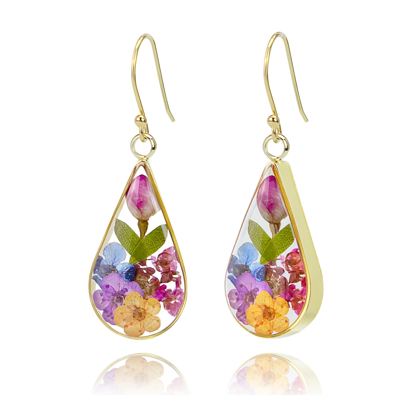 925 Sterling Silver Pressed Flower Teardrop Earrings,Hypoallergenic Women's Jewelry Gift for Mom,Handmade natural dried flower teardrop earrings Jewelry Gift (shenlan-yingse)